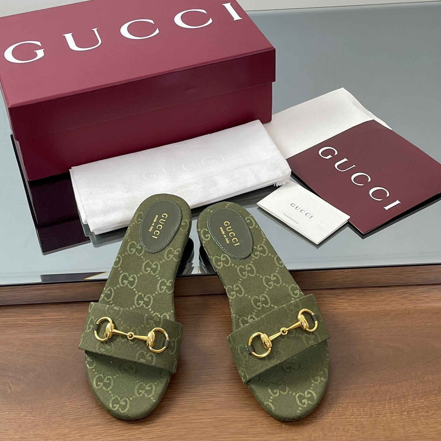 GG Horsebit Slide Sandals Olive Green Canvas 646553