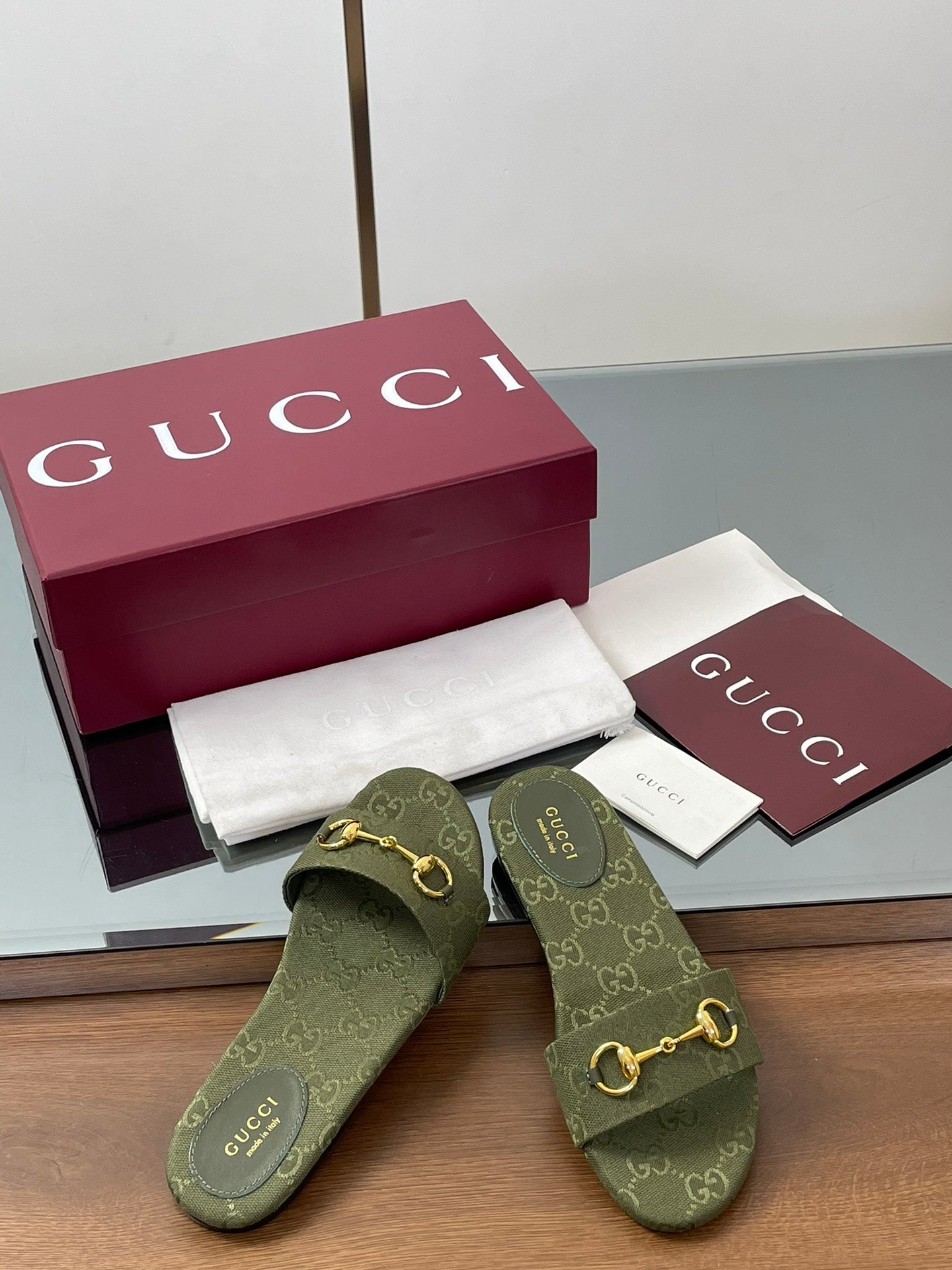 GG Horsebit Slide Sandals Olive Green Canvas 646553