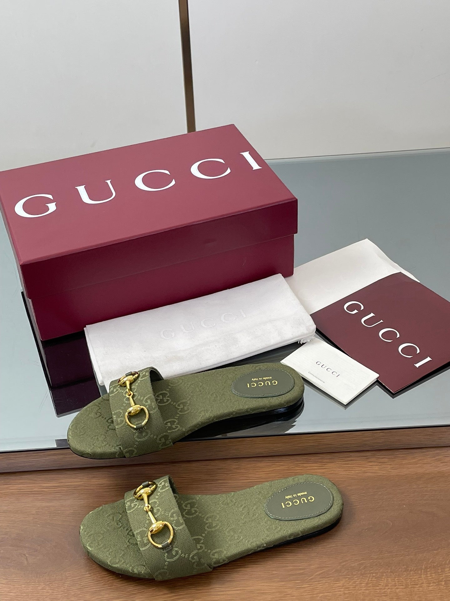 GG Horsebit Slide Sandals Olive Green Canvas 646553