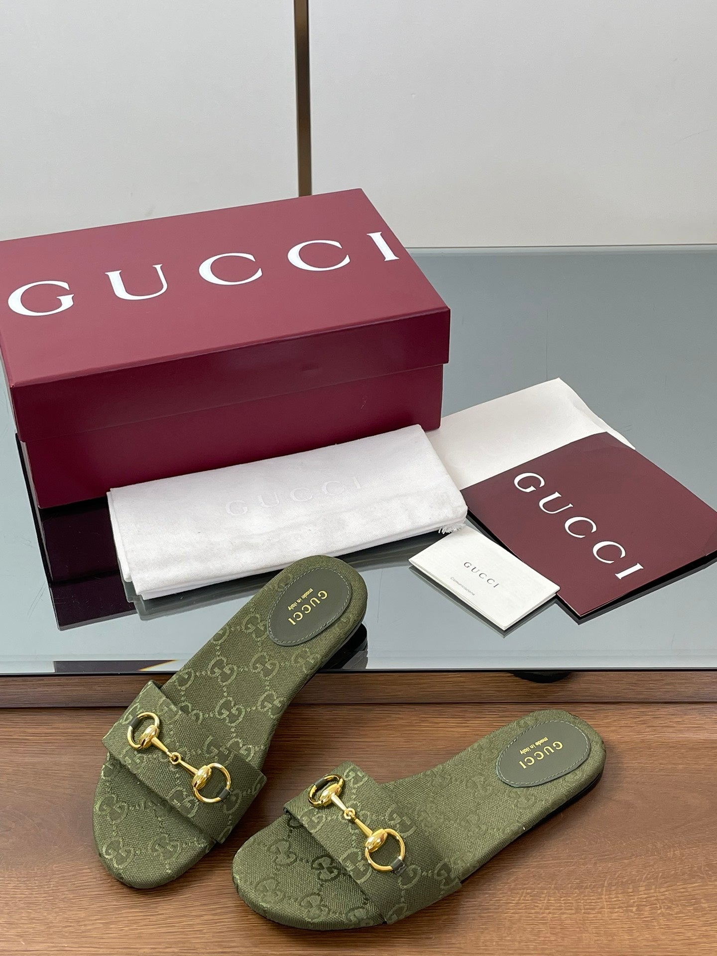 GG Horsebit Slide Sandals Olive Green Canvas 646553