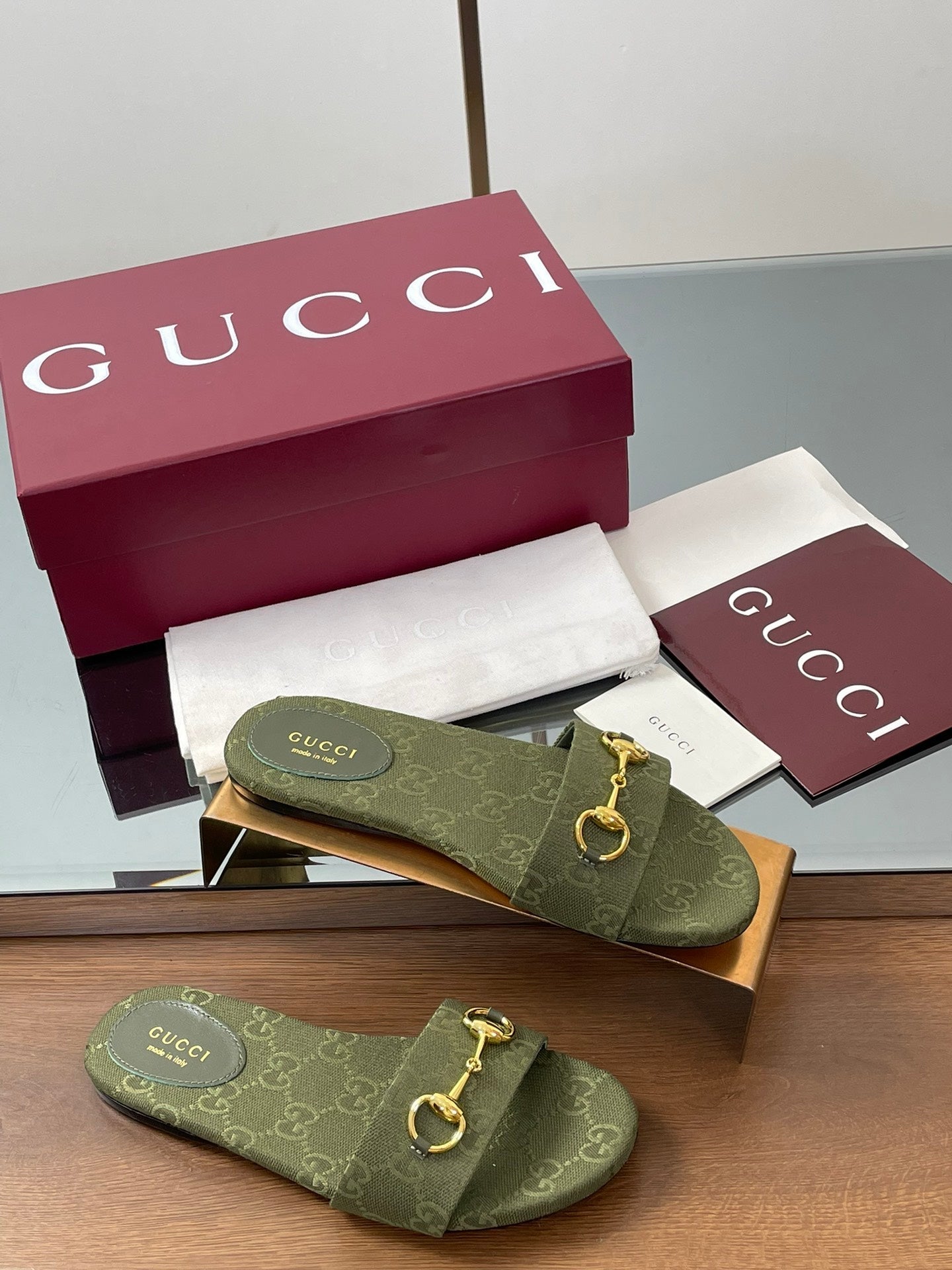 GG Horsebit Slide Sandals Olive Green Canvas 646553