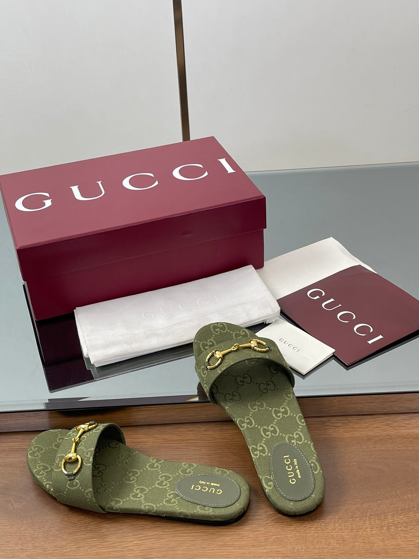 GG Horsebit Slide Sandals Olive Green Canvas 646553