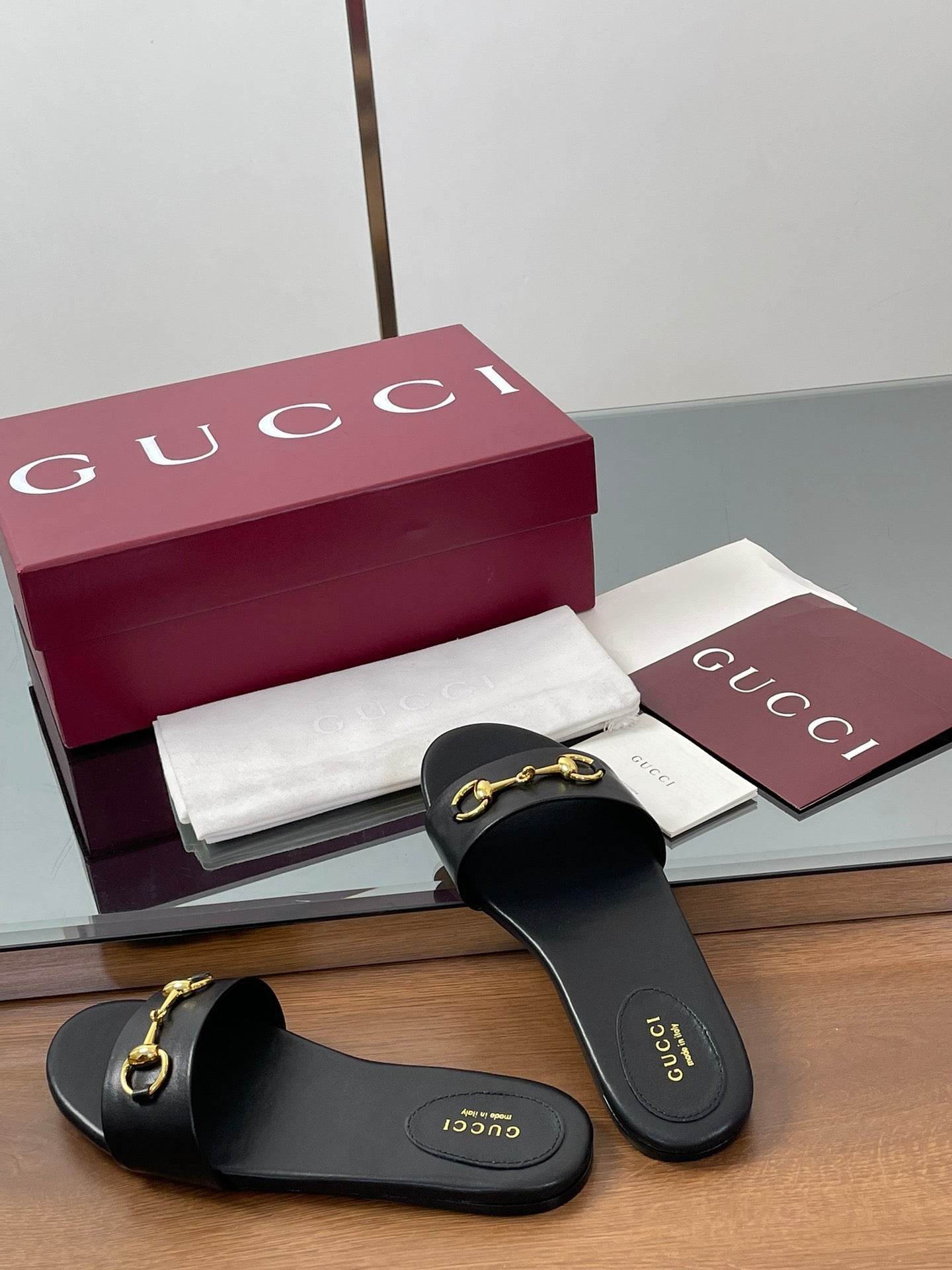 GG Horsebit Slide Sandals Black Sheepskin 646549
