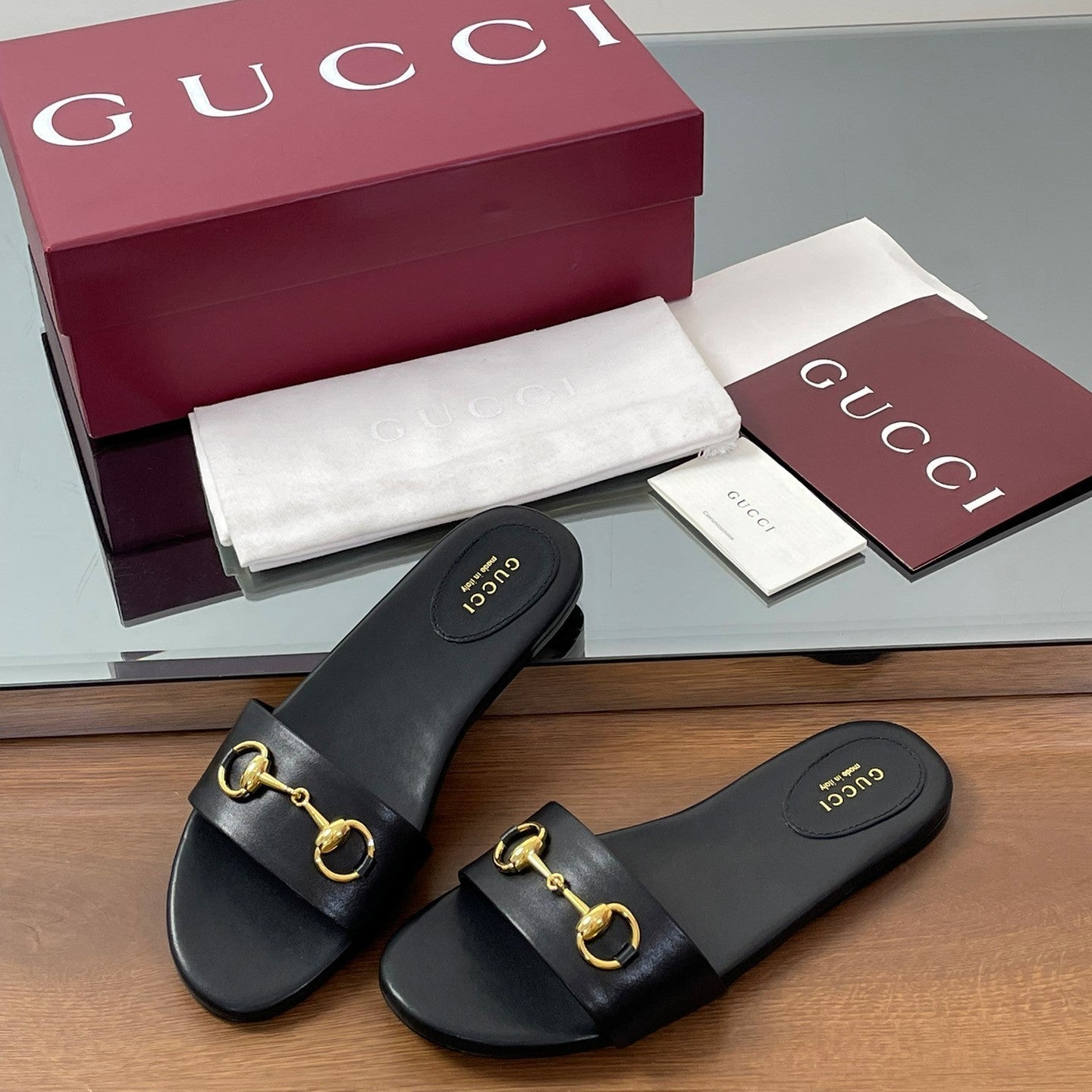 GG Horsebit Slide Sandals Black Sheepskin 646549