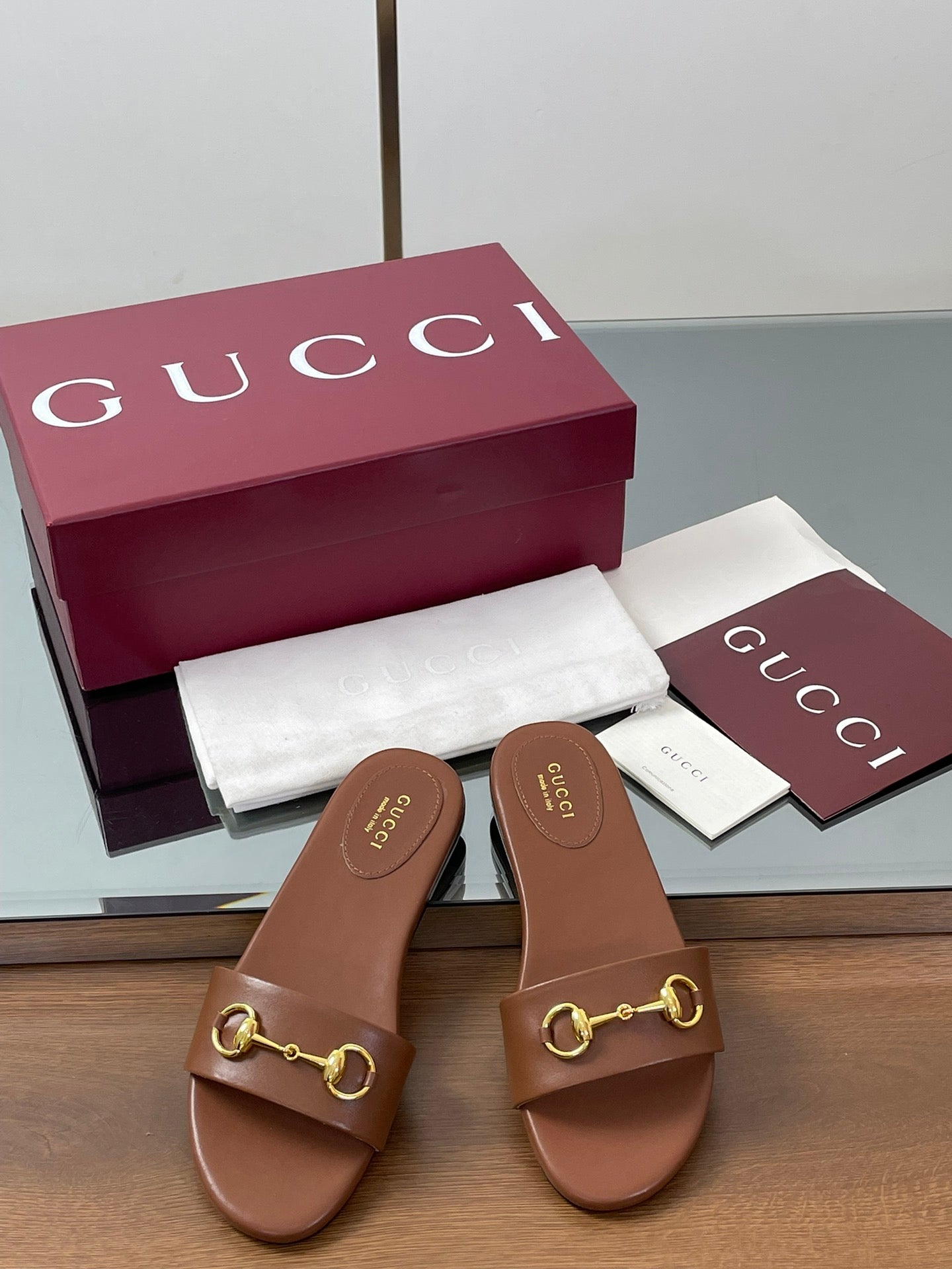 GG Horsebit Slide Sandals Brown Sheepskin 646545