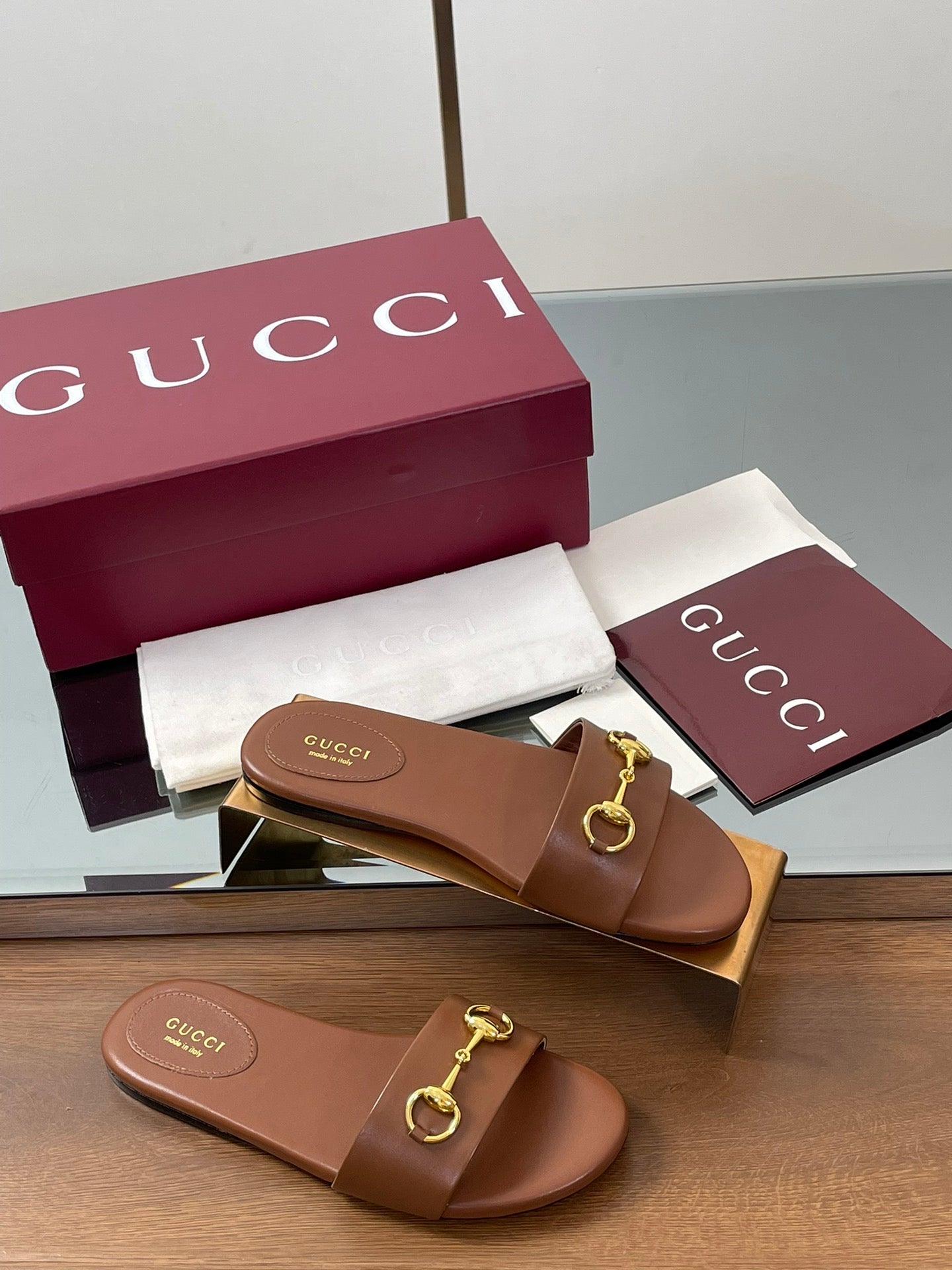 GG Horsebit Slide Sandals Brown Sheepskin 646545