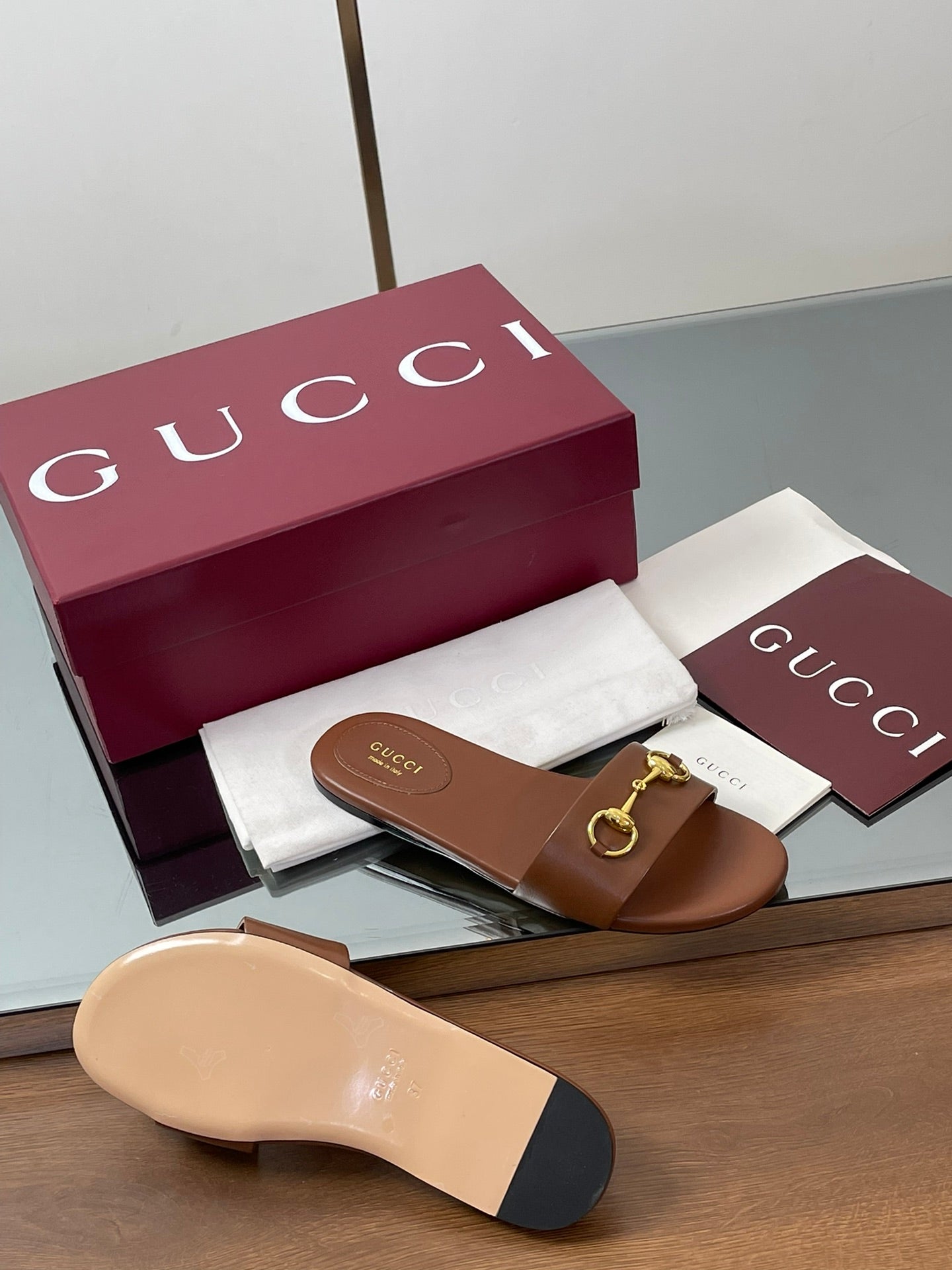 GG Horsebit Slide Sandals Brown Sheepskin 646545