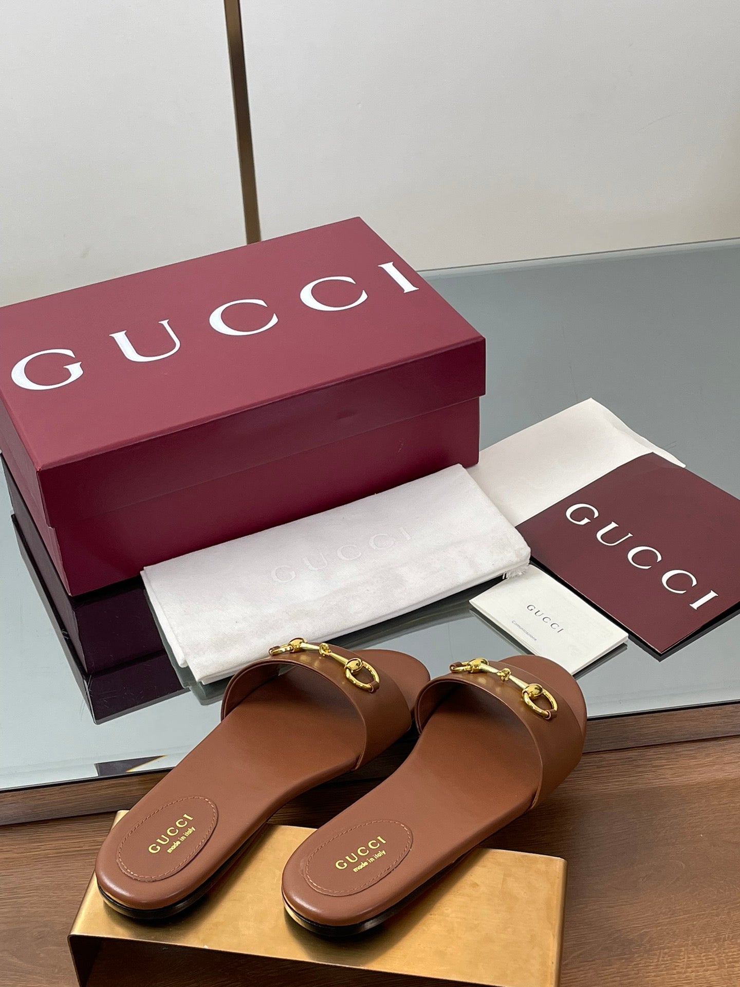 GG Horsebit Slide Sandals Brown Sheepskin 646545