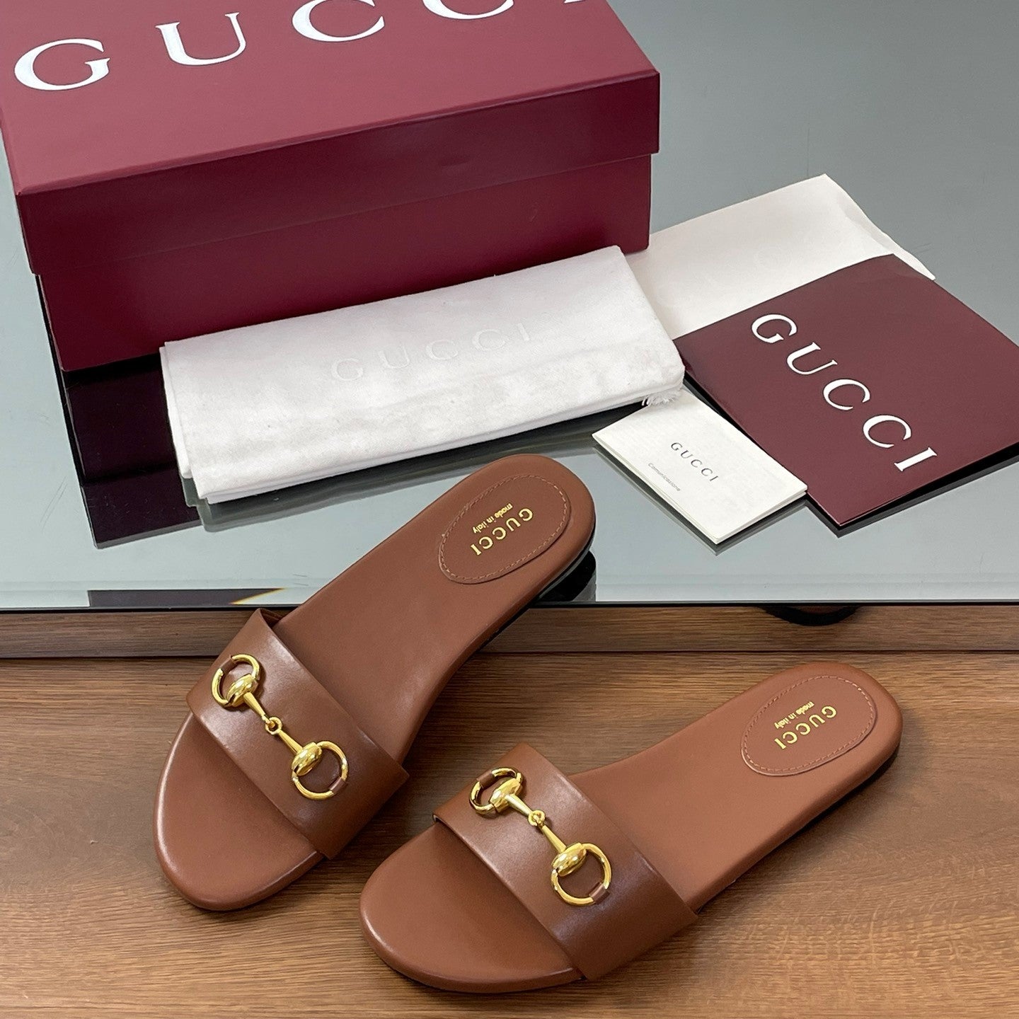 GG Horsebit Slide Sandals Brown Sheepskin 646545