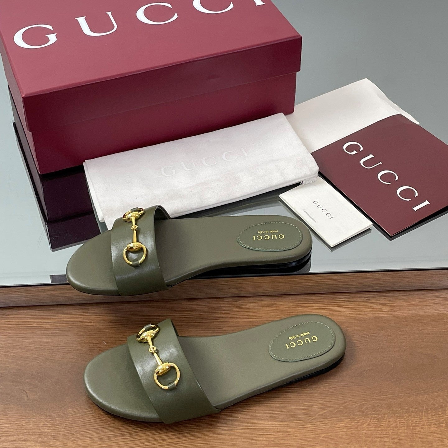 GG Horsebit Slide Sandals Olive Green Sheepskin 646546