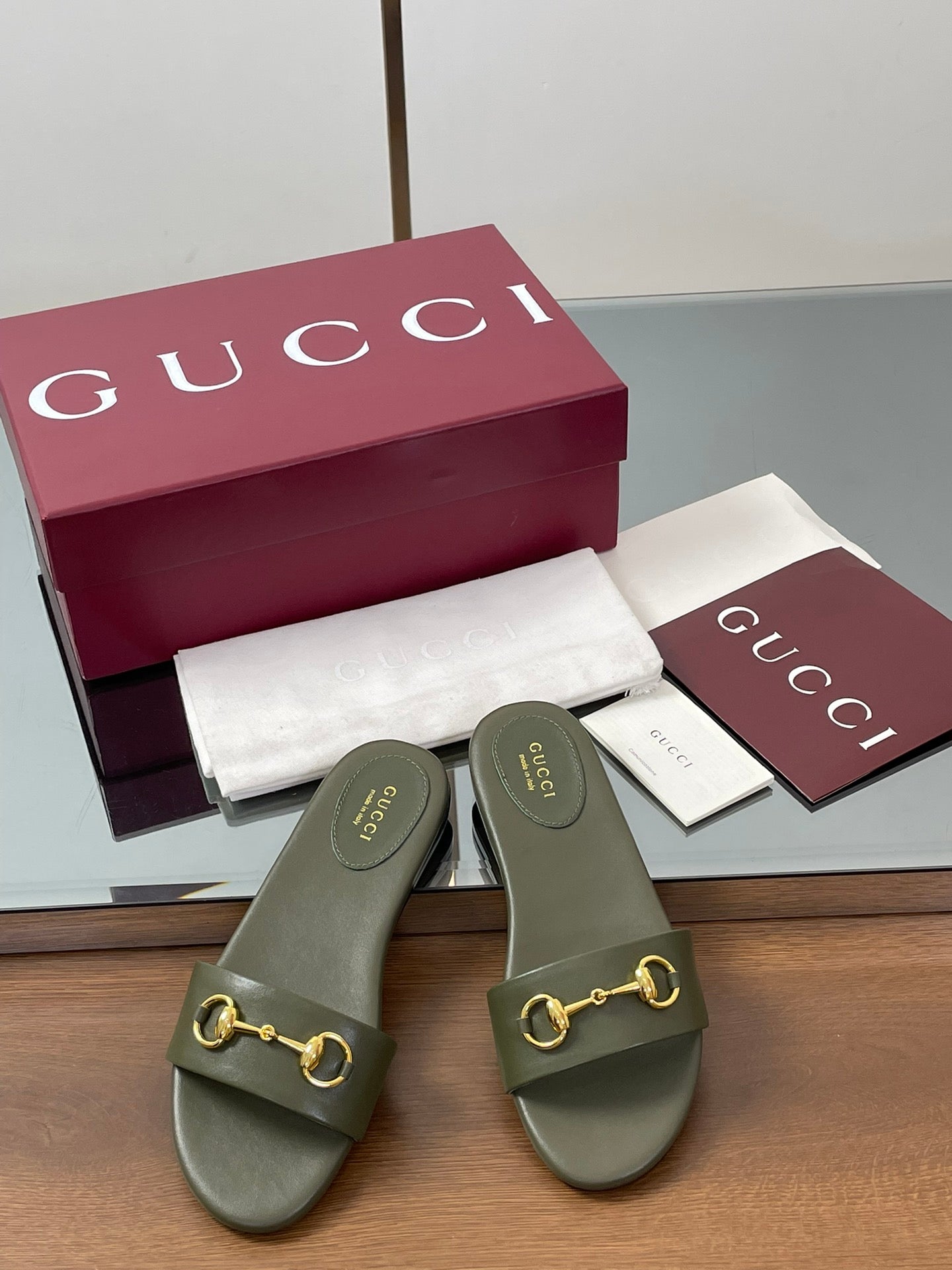 GG Horsebit Slide Sandals Olive Green Sheepskin 646546