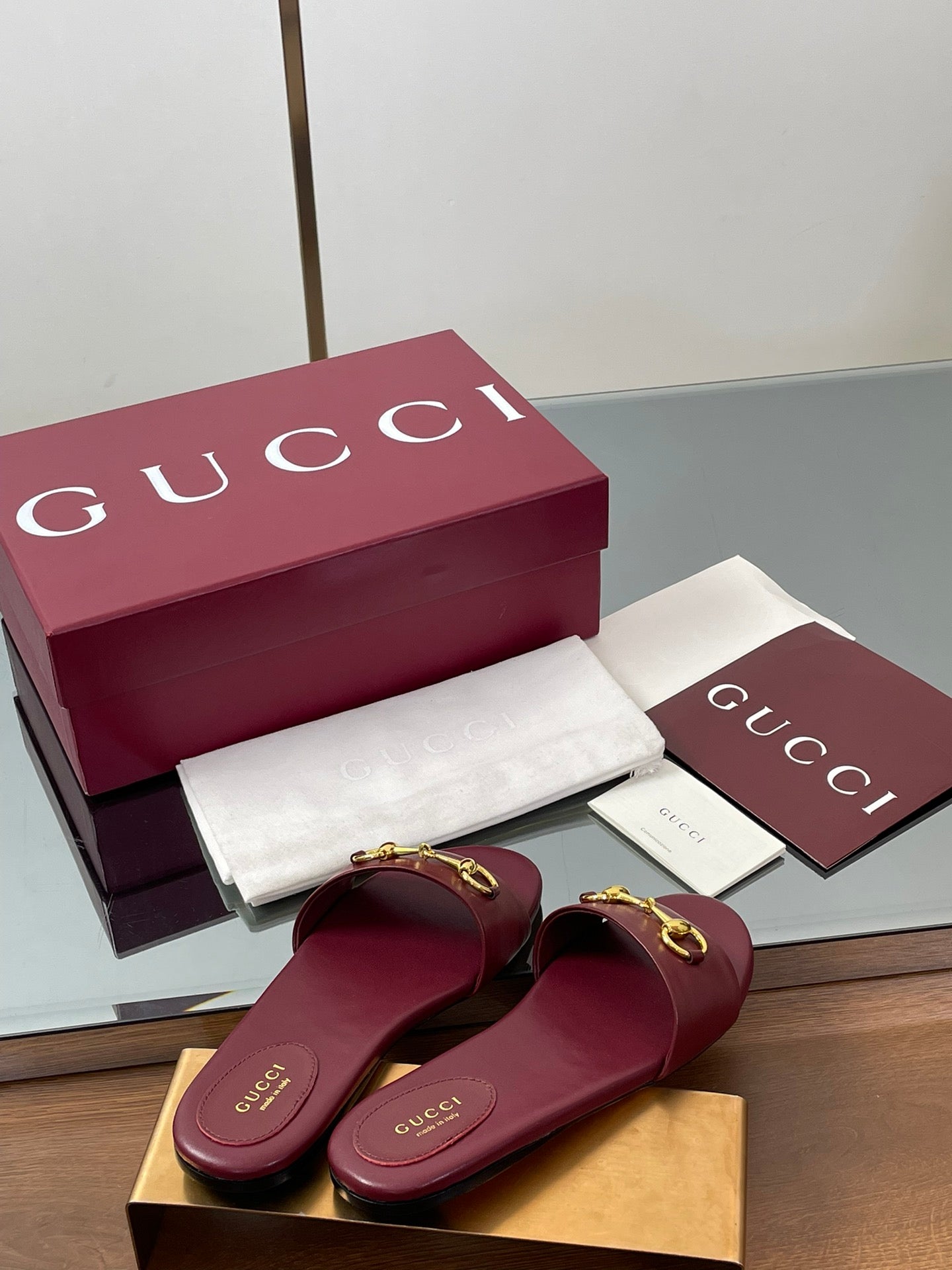 GG Horsebit Slide Sandals Burgundy Sheepskin 646547