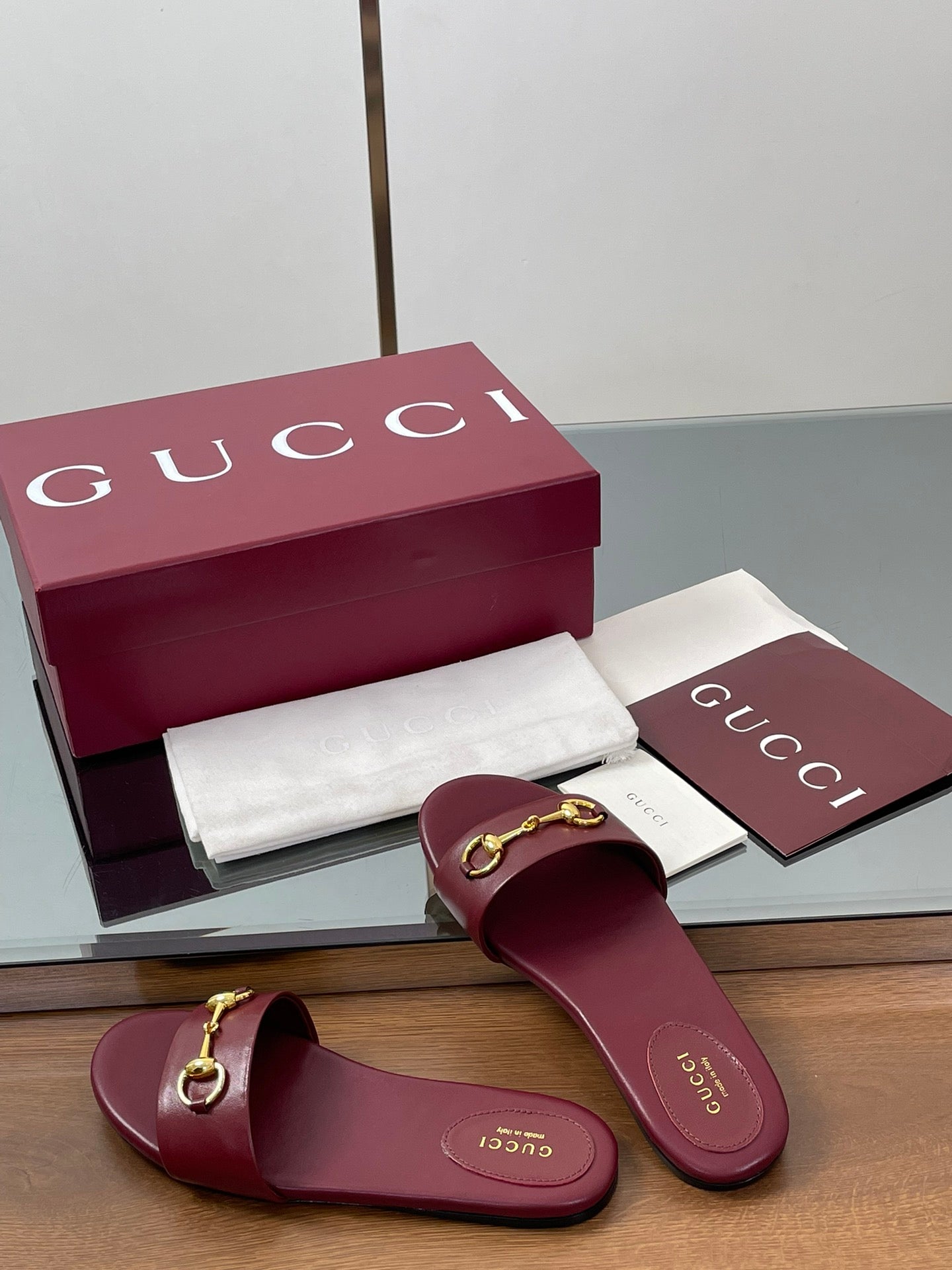 GG Horsebit Slide Sandals Burgundy Sheepskin 646547