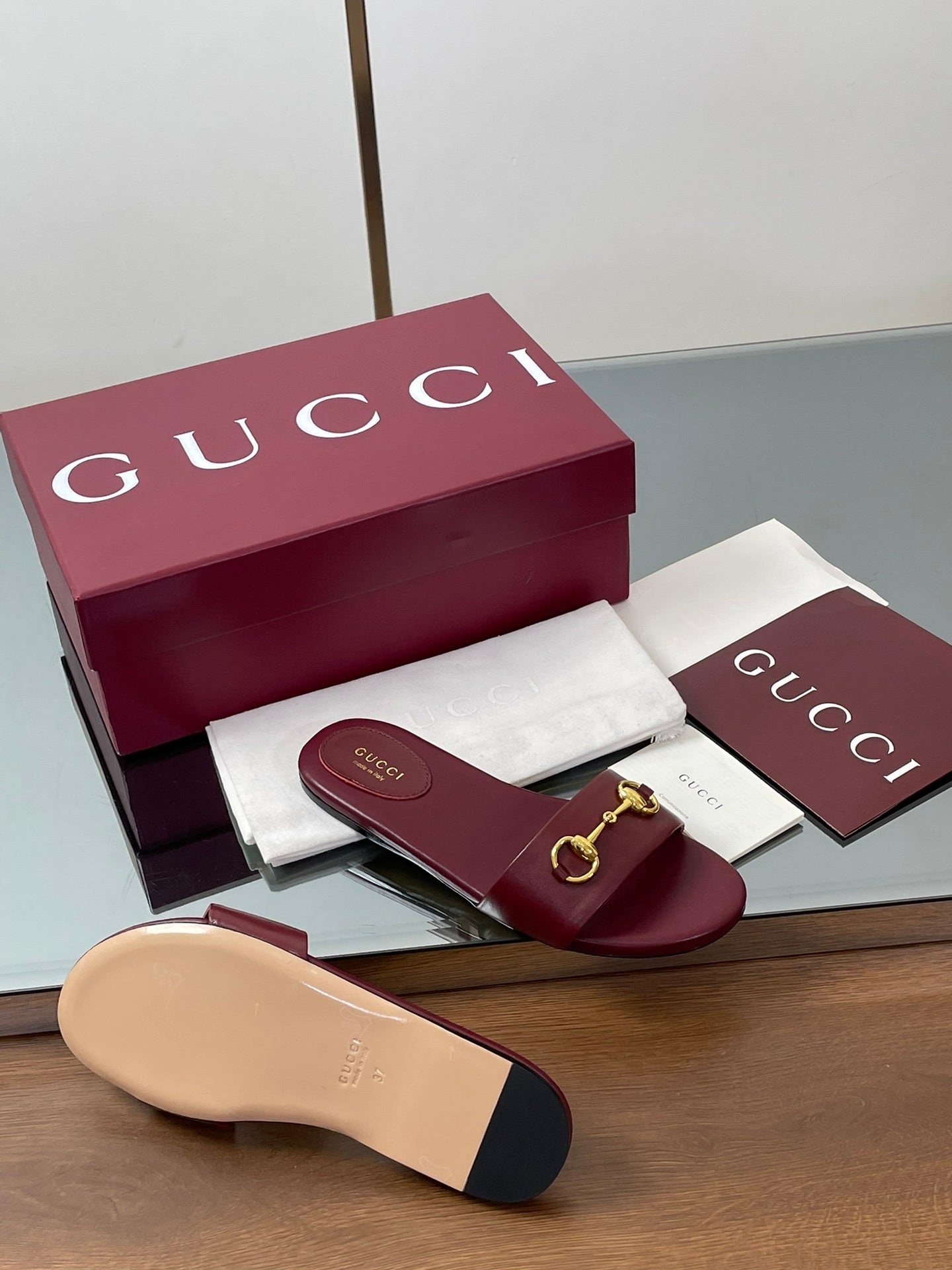 GG Horsebit Slide Sandals Burgundy Sheepskin 646547
