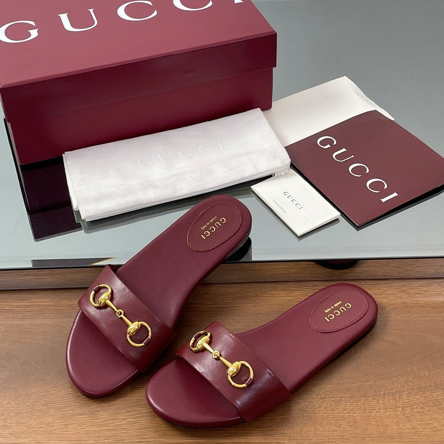 GG Horsebit Slide Sandals Burgundy Sheepskin 646547