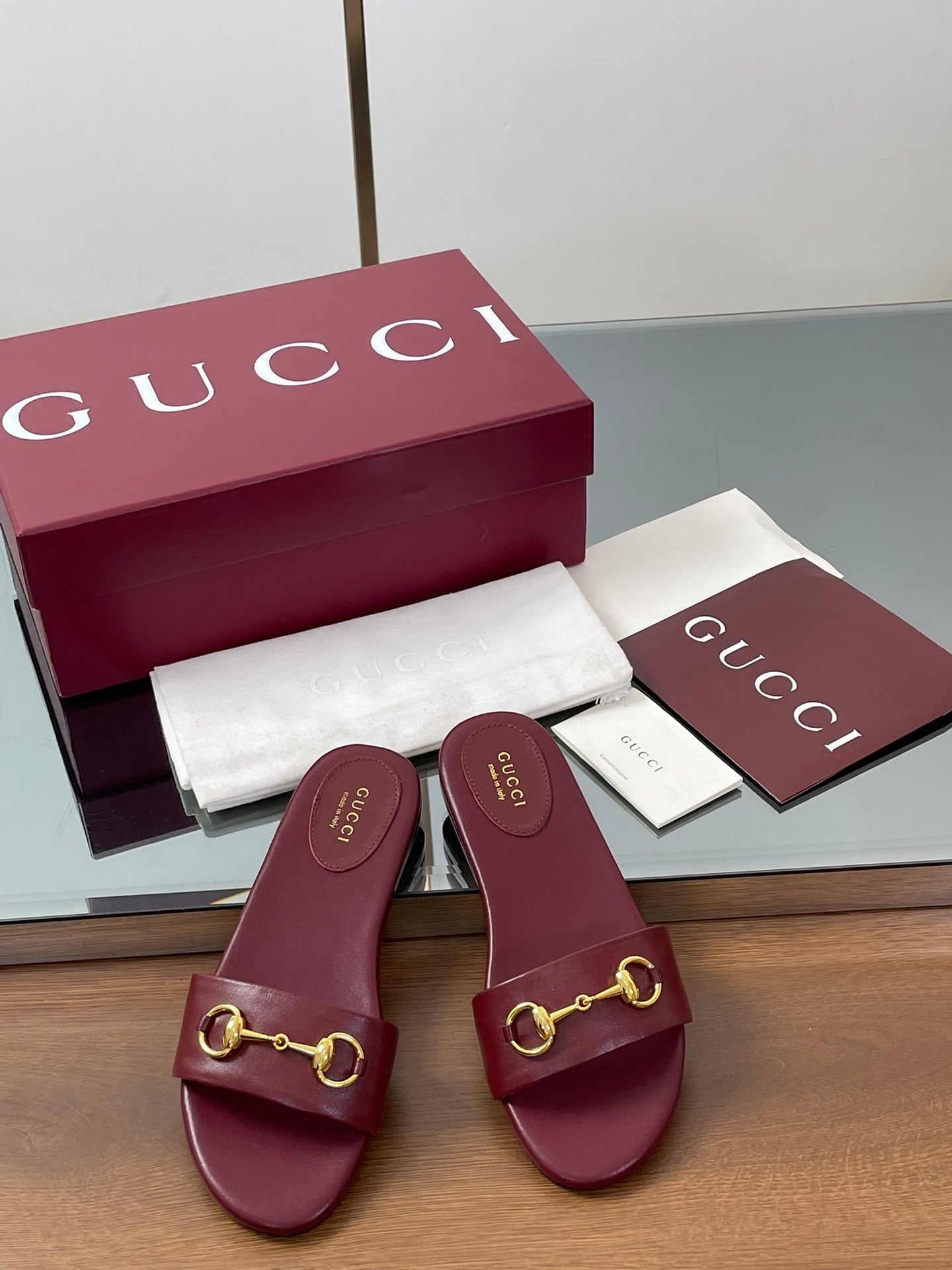 GG Horsebit Slide Sandals Burgundy Sheepskin 646547