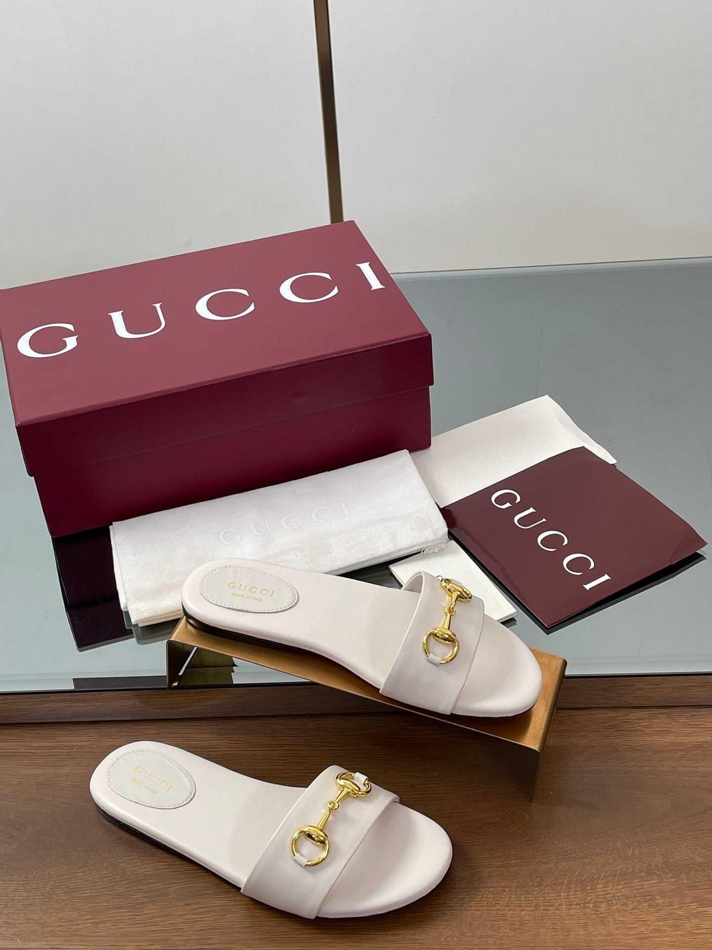 GG Horsebit Slide Sandals White Sheepskin 646548
