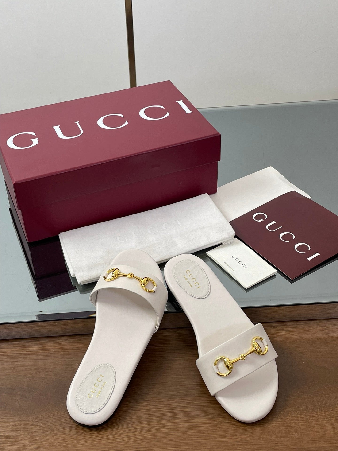 GG Horsebit Slide Sandals White Sheepskin 646548