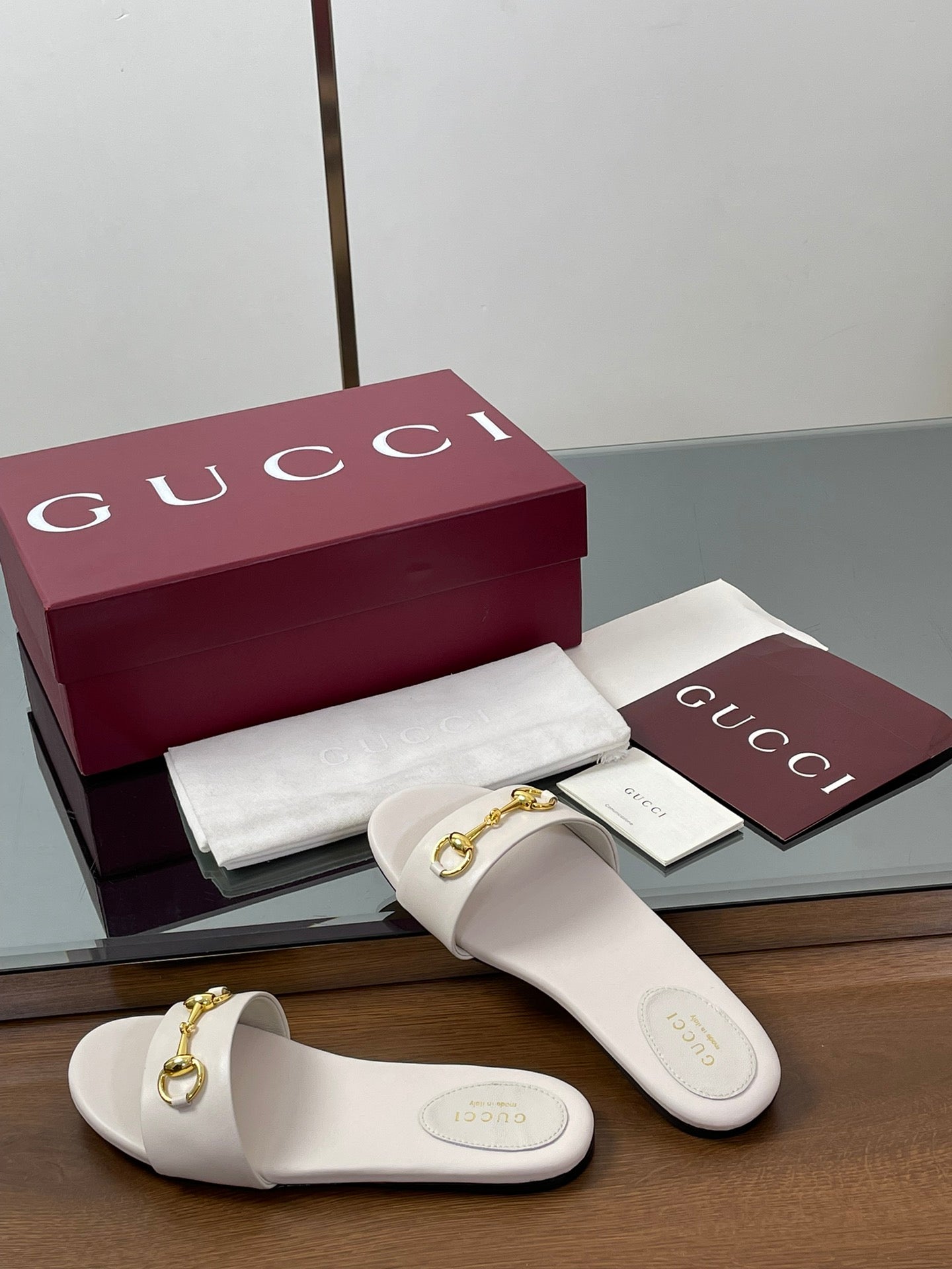 GG Horsebit Slide Sandals White Sheepskin 646548