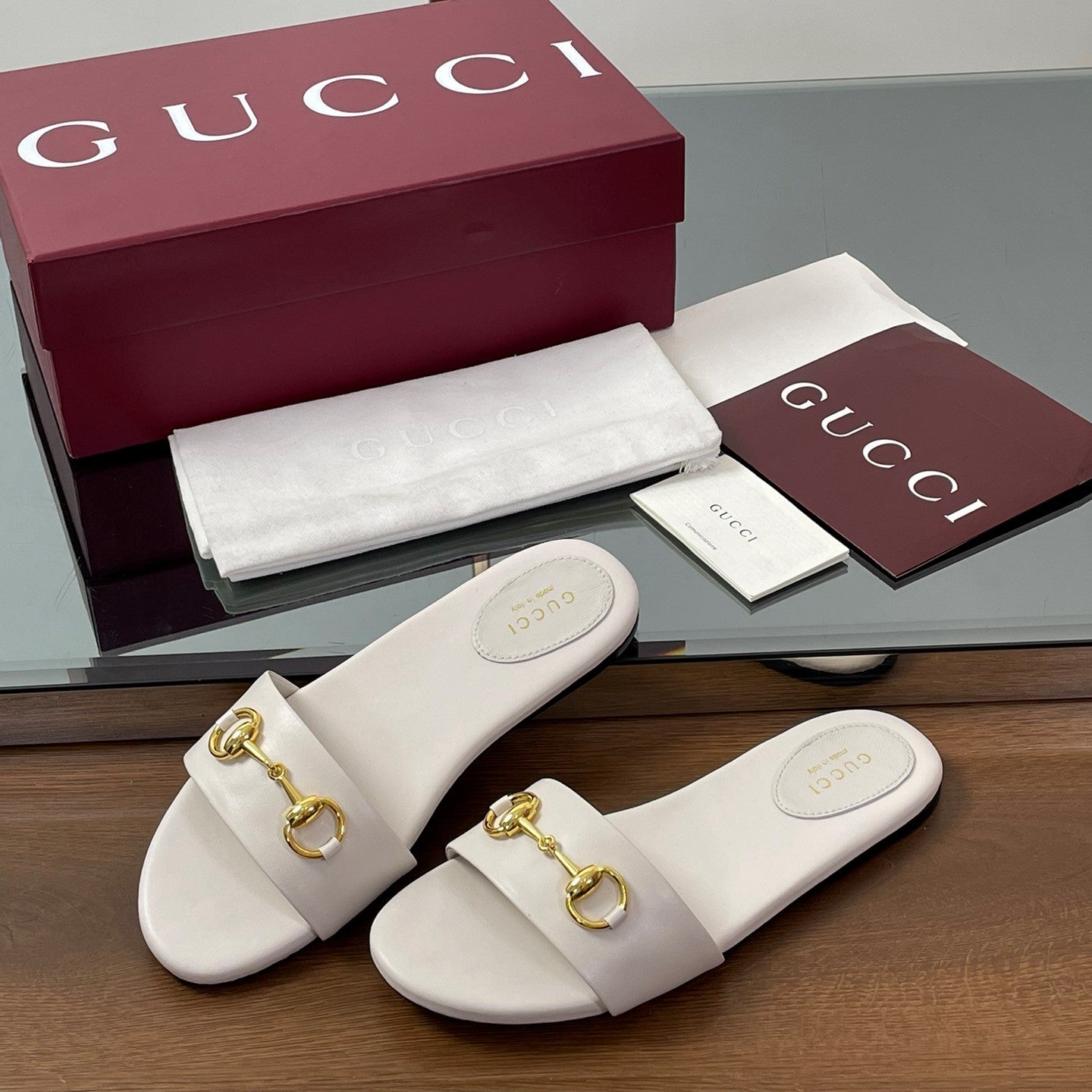 GG Horsebit Slide Sandals White Sheepskin 646548