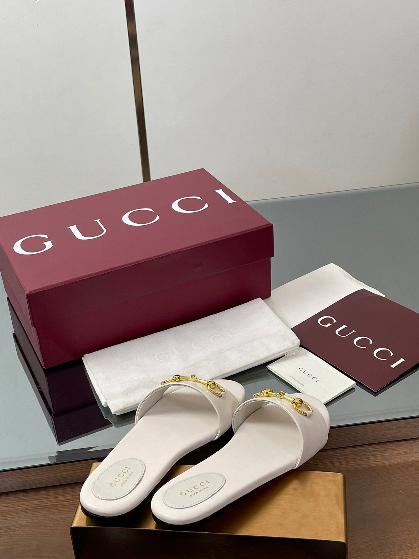 GG Horsebit Slide Sandals White Sheepskin 646548