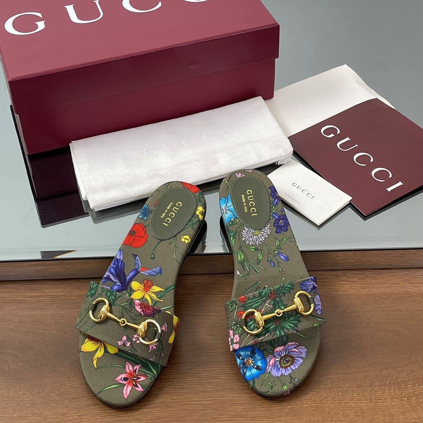 GG Horsebit Slide Sandals Olive Green Colorful Canvas 646554