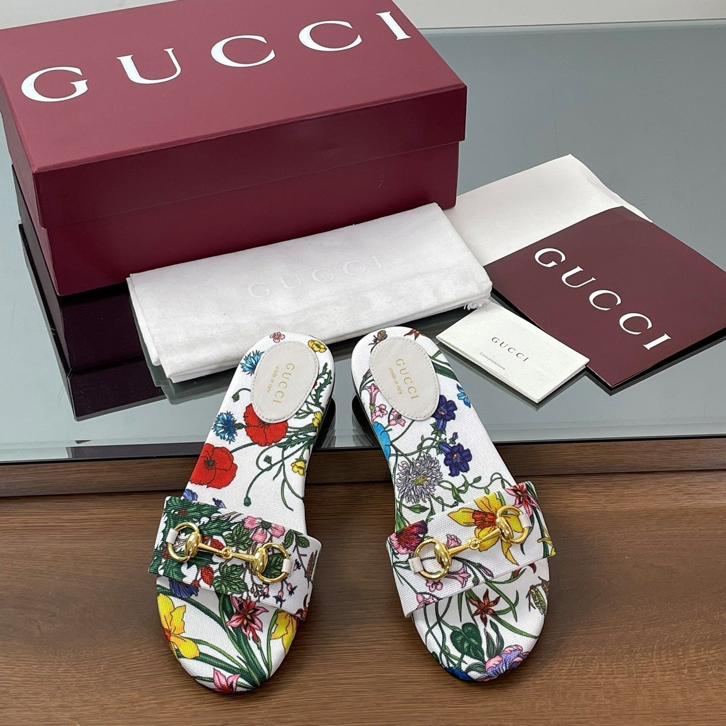 GG Horsebit Slide Sandals White Colorful Canvas 646555