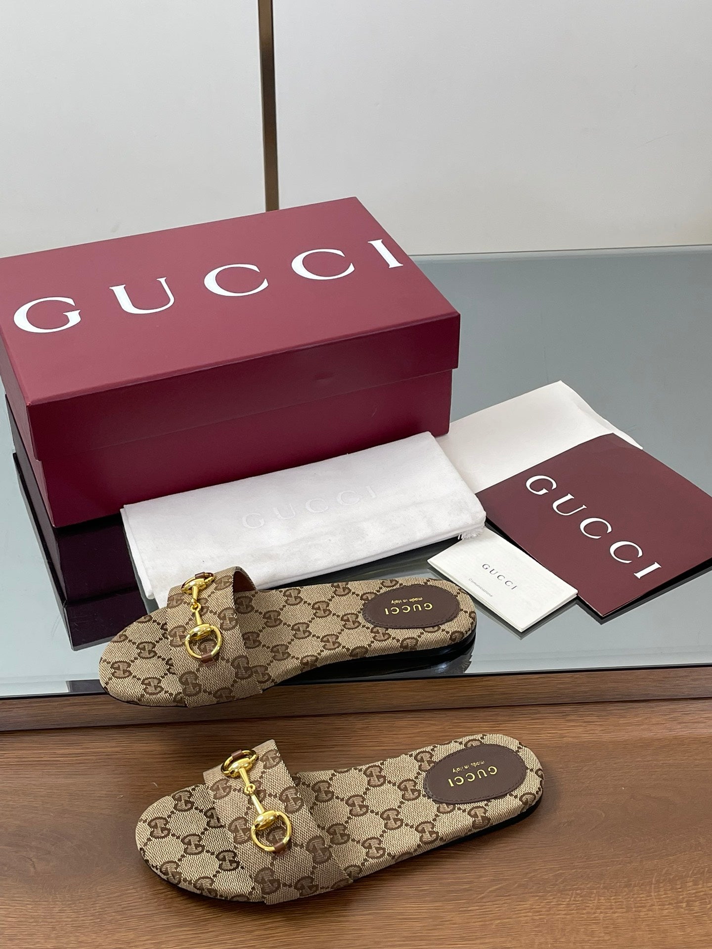 GG Horsebit Slide Sandals Beige Brown Canvas 646556