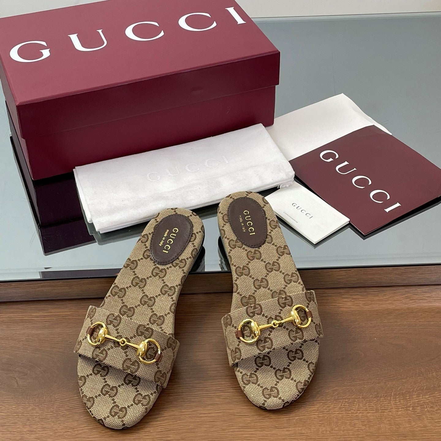 GG Horsebit Slide Sandals Beige Brown Canvas 646556