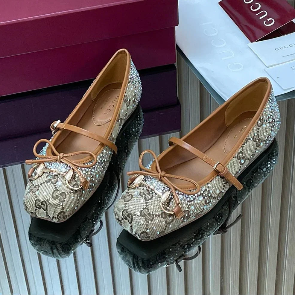 Gucci 2026 Crystal Rhinestone Ballet Flat Beige Brown Canvas Leather 562909