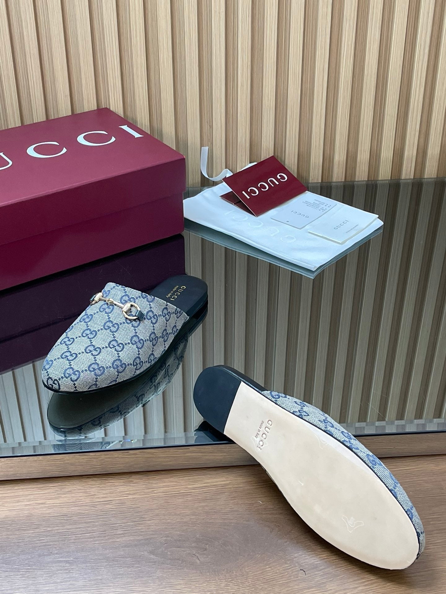 Gucci 25 Horsebit Mule Blue Grey GG Suede 563074