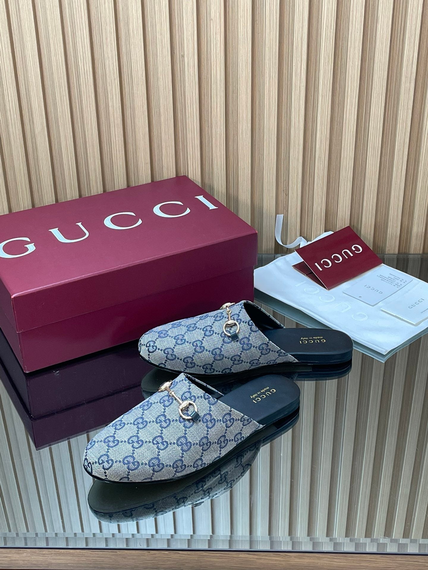 Gucci 25 Horsebit Mule Blue Grey GG Suede 563074