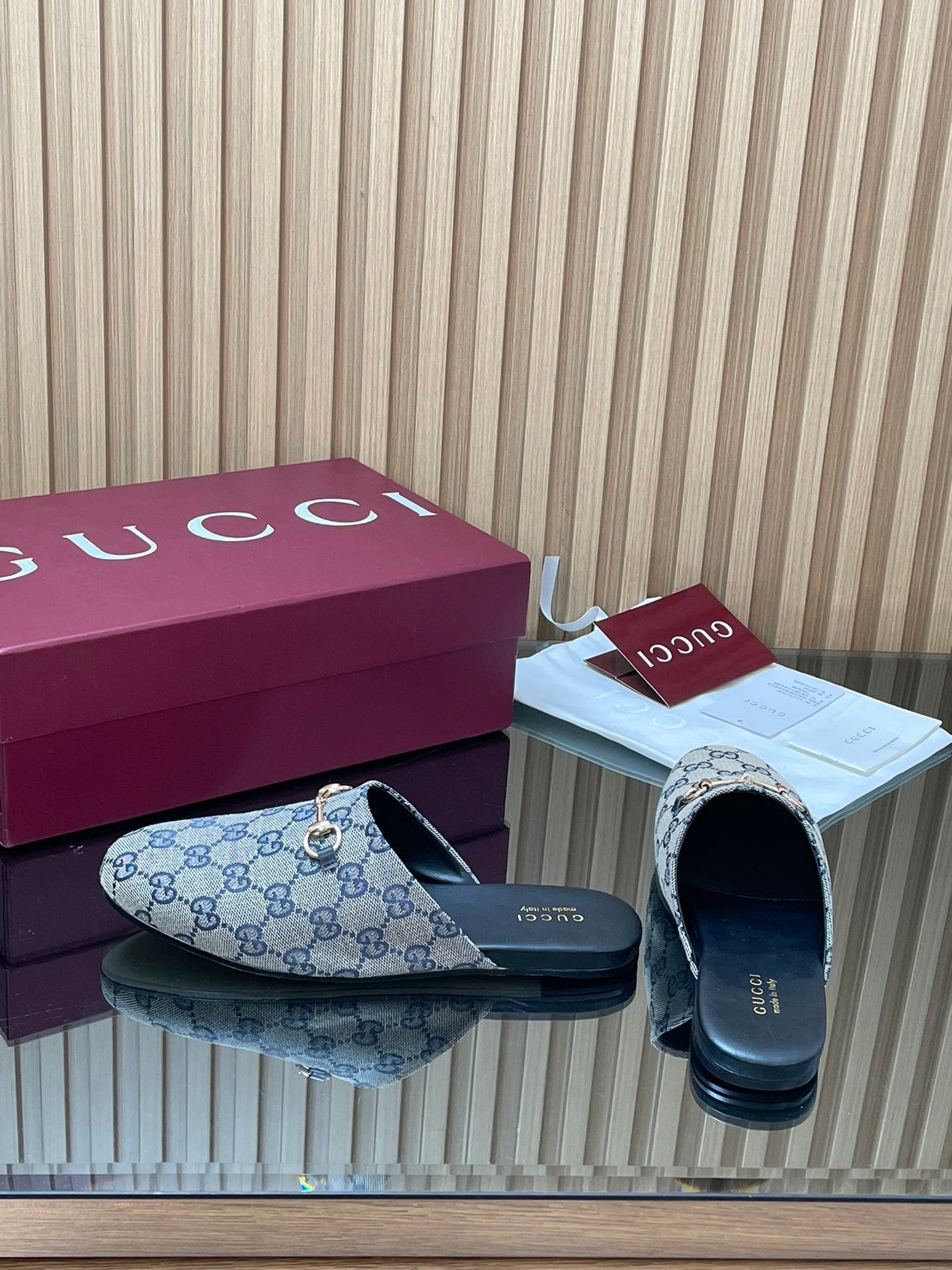 Gucci 25 Horsebit Mule Blue Grey GG Suede 563074