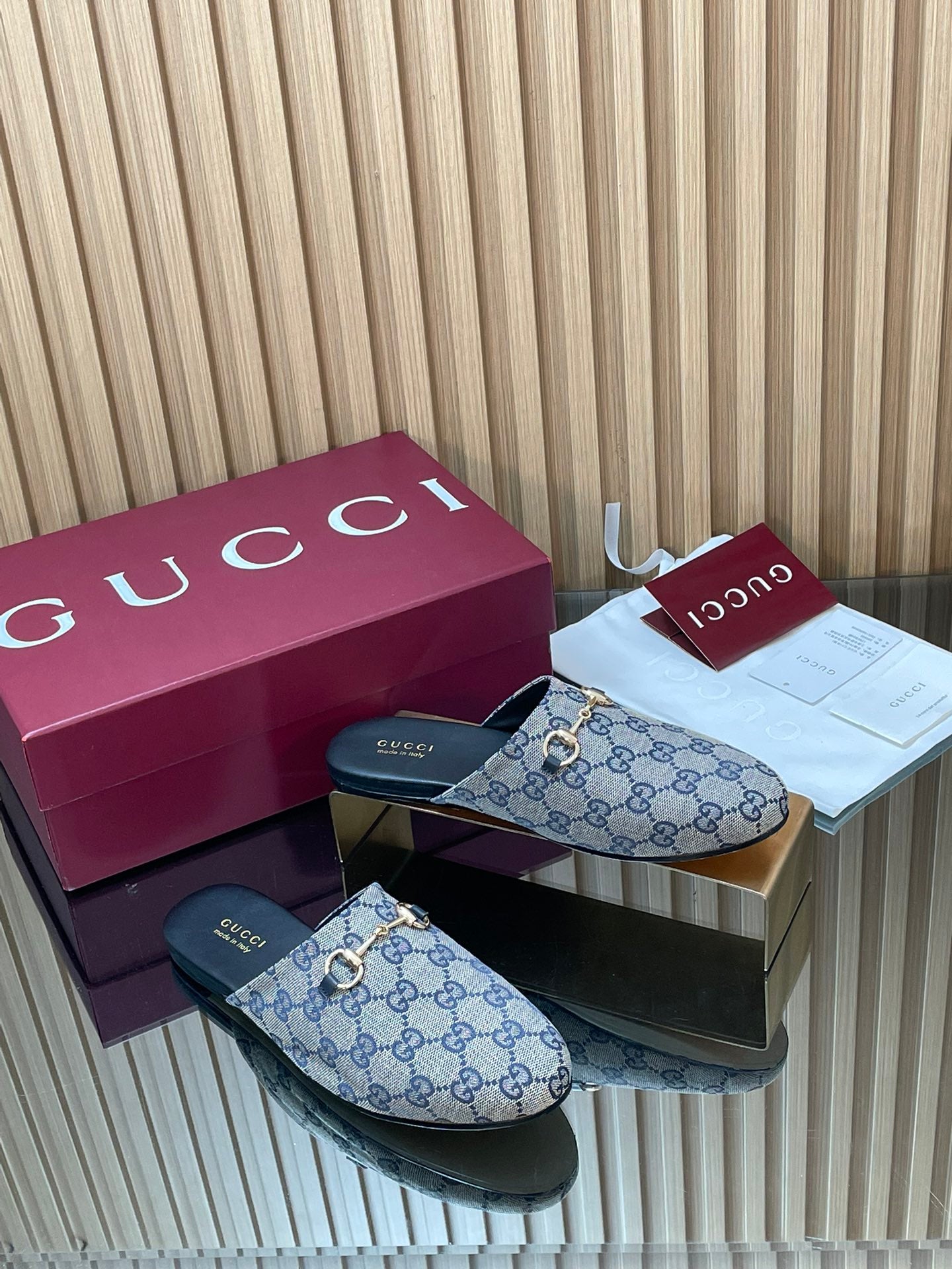 Gucci 25 Horsebit Mule Blue Grey GG Suede 563074