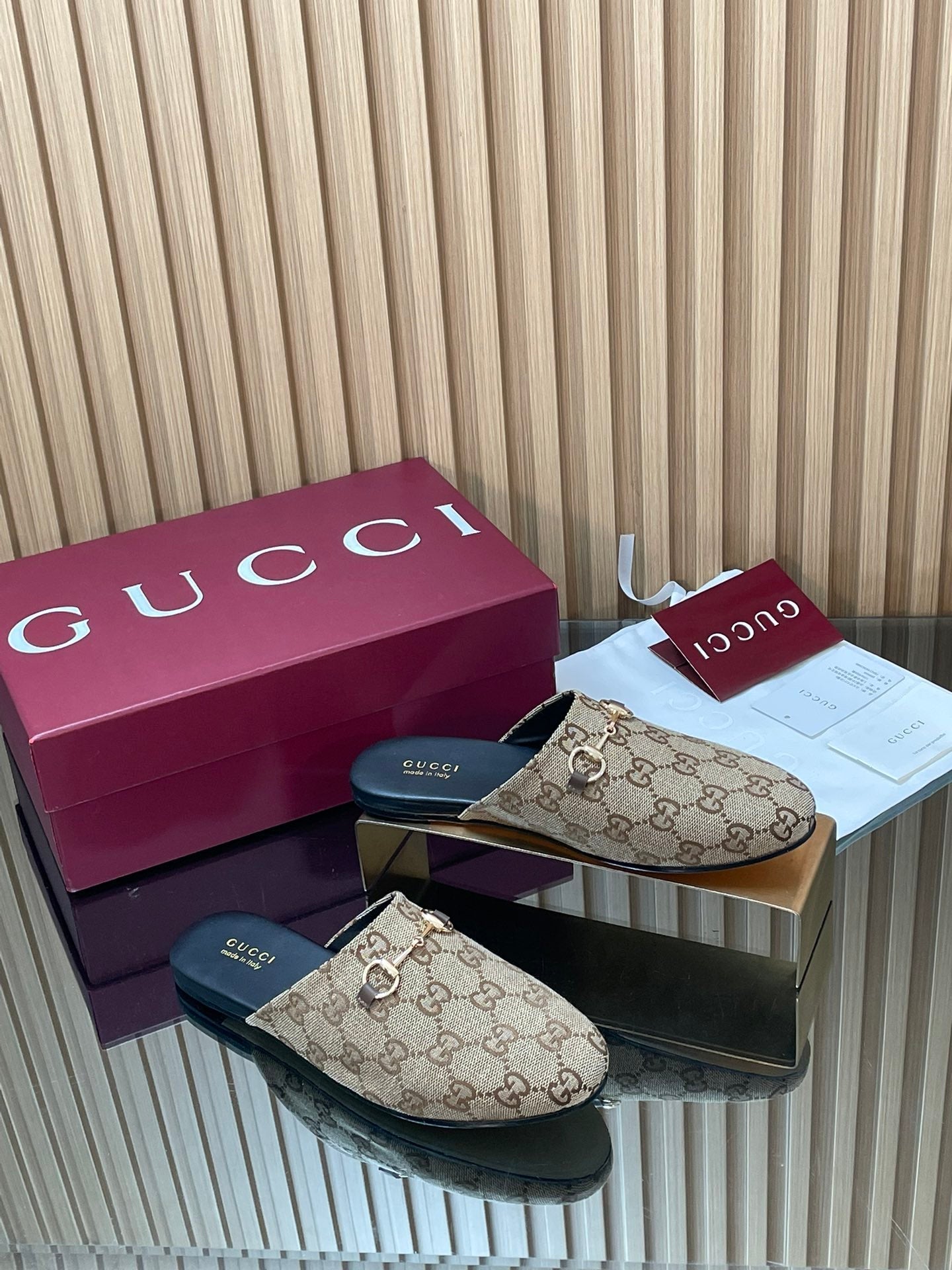 Gucci 25 Horsebit Mule Brown Beige GG Suede 563077