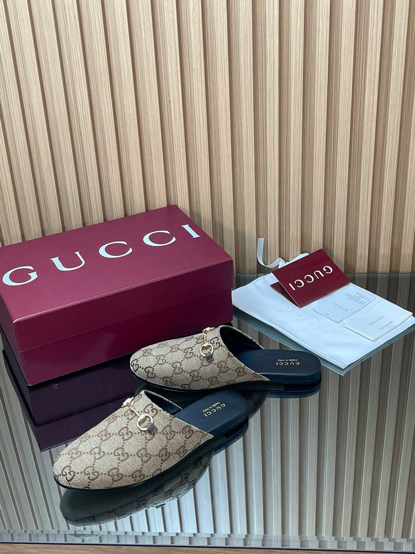 Gucci 25 Horsebit Mule Brown Beige GG Suede 563077