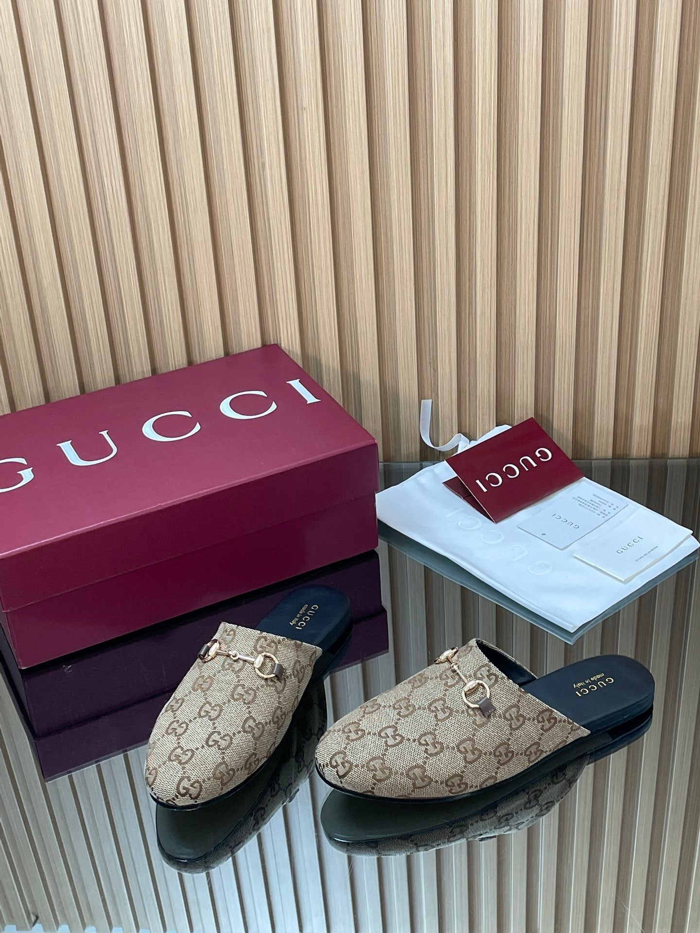 Gucci 25 Horsebit Mule Brown Beige GG Suede 563077