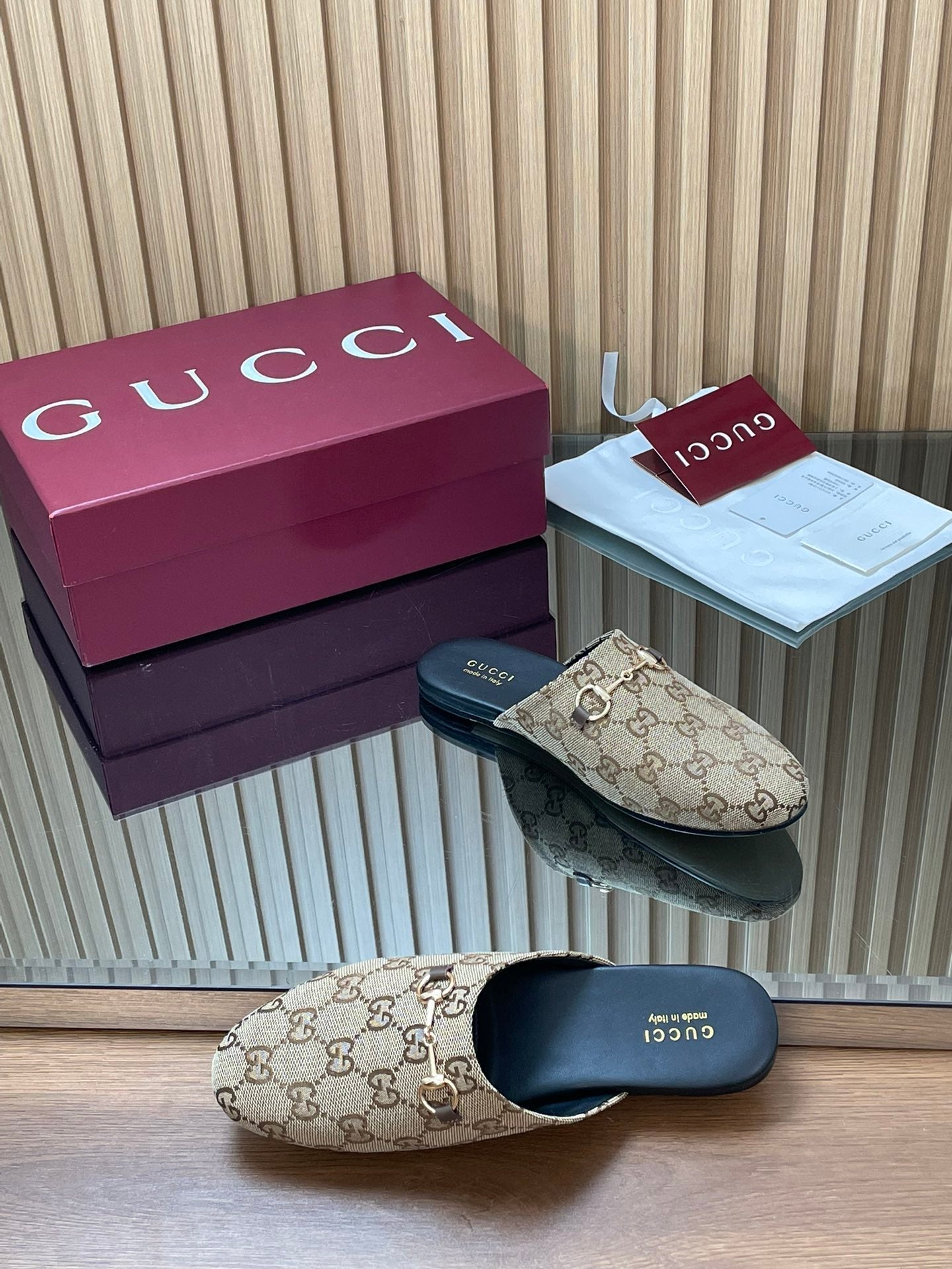 Gucci 25 Horsebit Mule Brown Beige GG Suede 563077