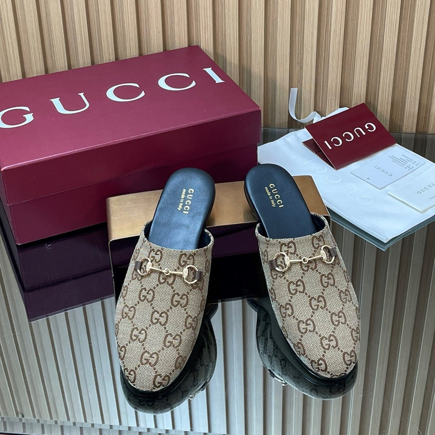 Gucci 25 Horsebit Mule Brown Beige GG Suede 563077