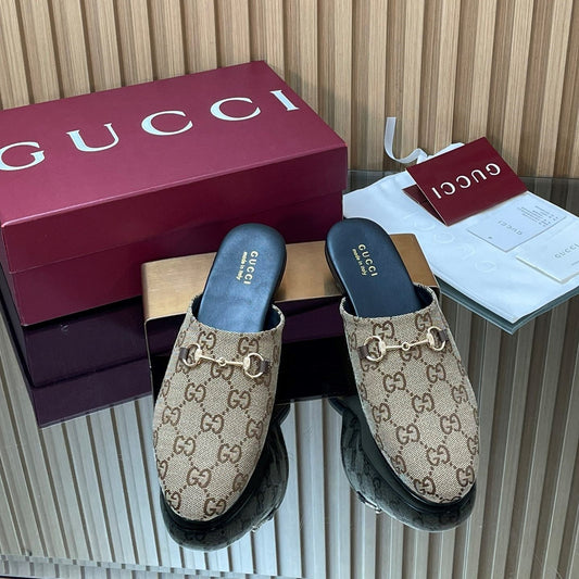 Gucci 25 Horsebit Mule Brown Beige GG Suede 563077