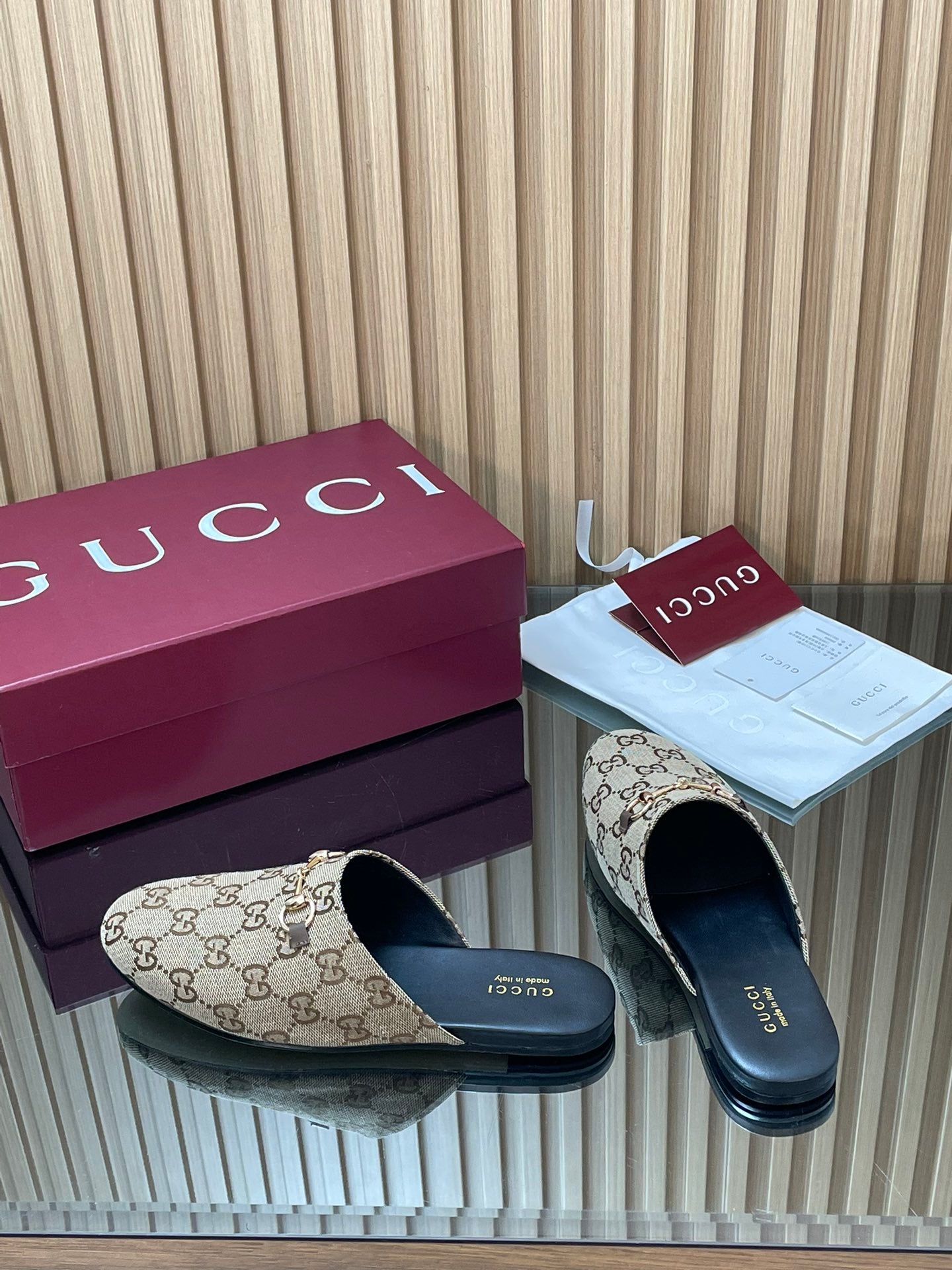 Gucci 25 Horsebit Mule Brown Beige GG Suede 563077