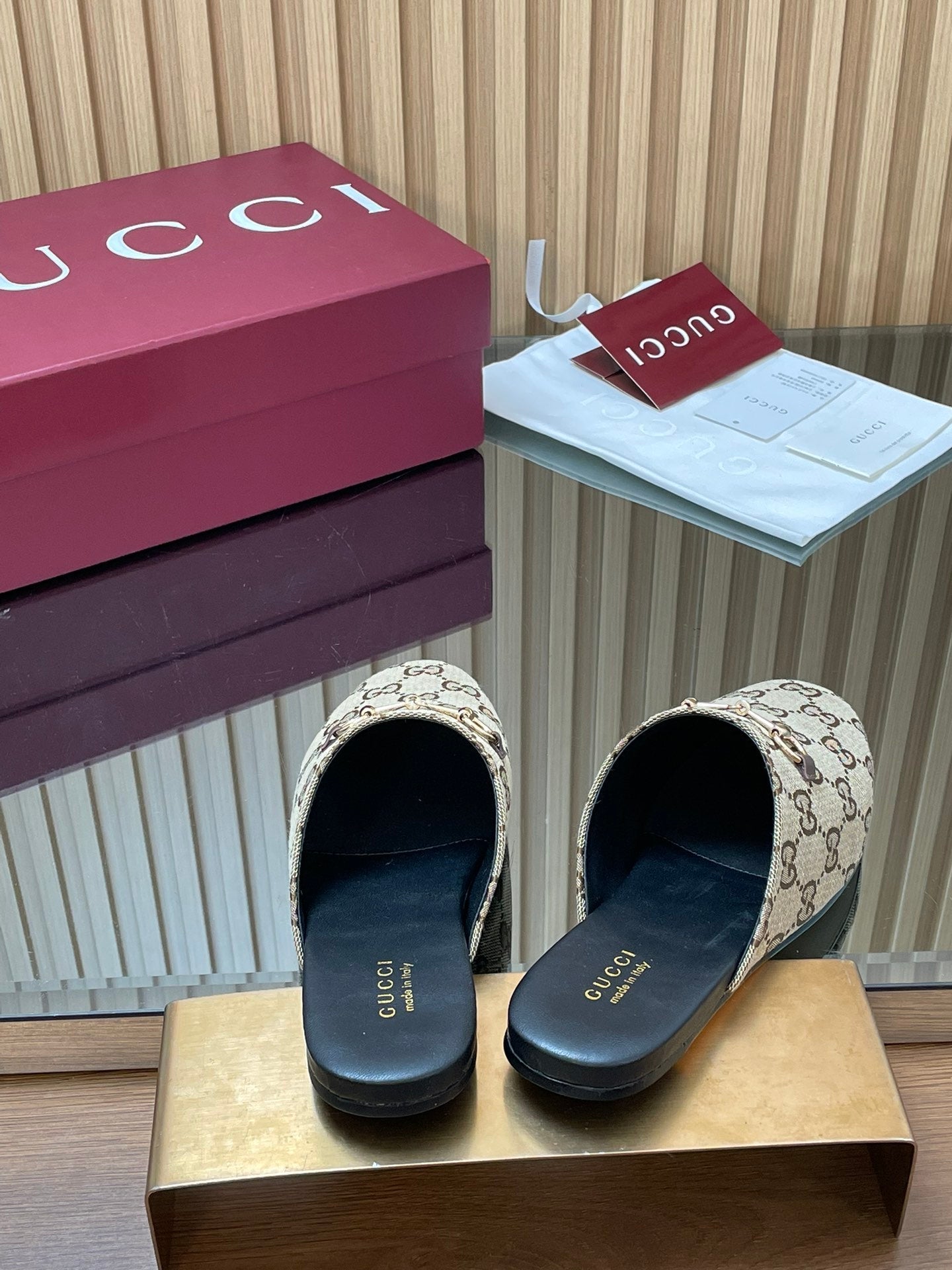 Gucci 25 Horsebit Mule Brown Beige GG Suede 563077