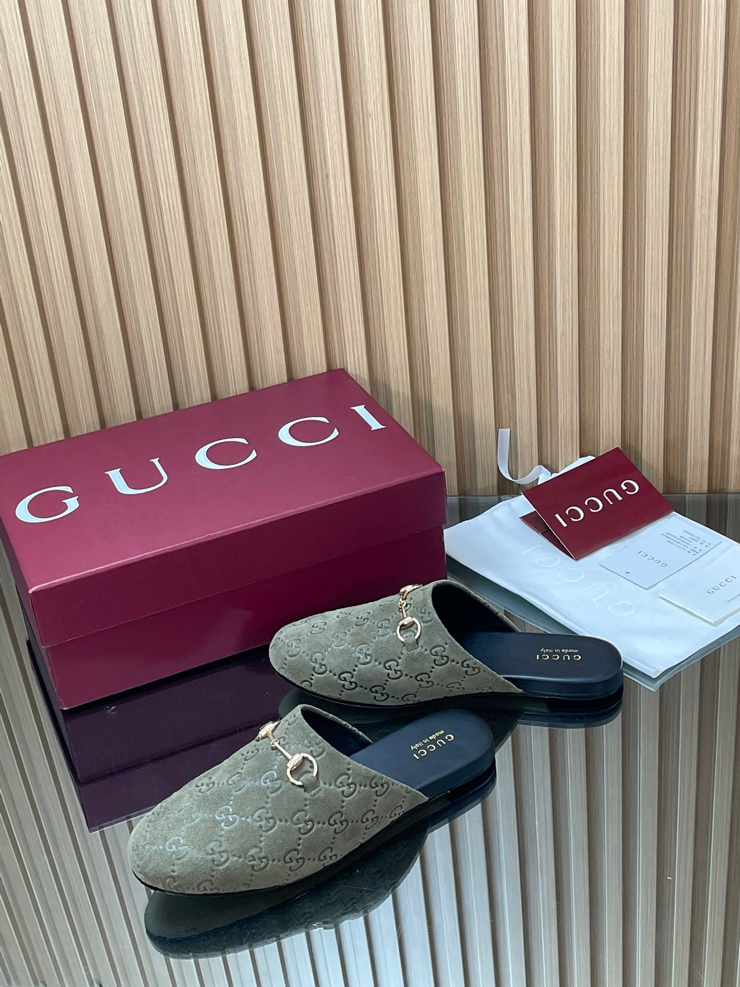 Gucci 25 Horsebit Olive Green Mule GG Suede 563080