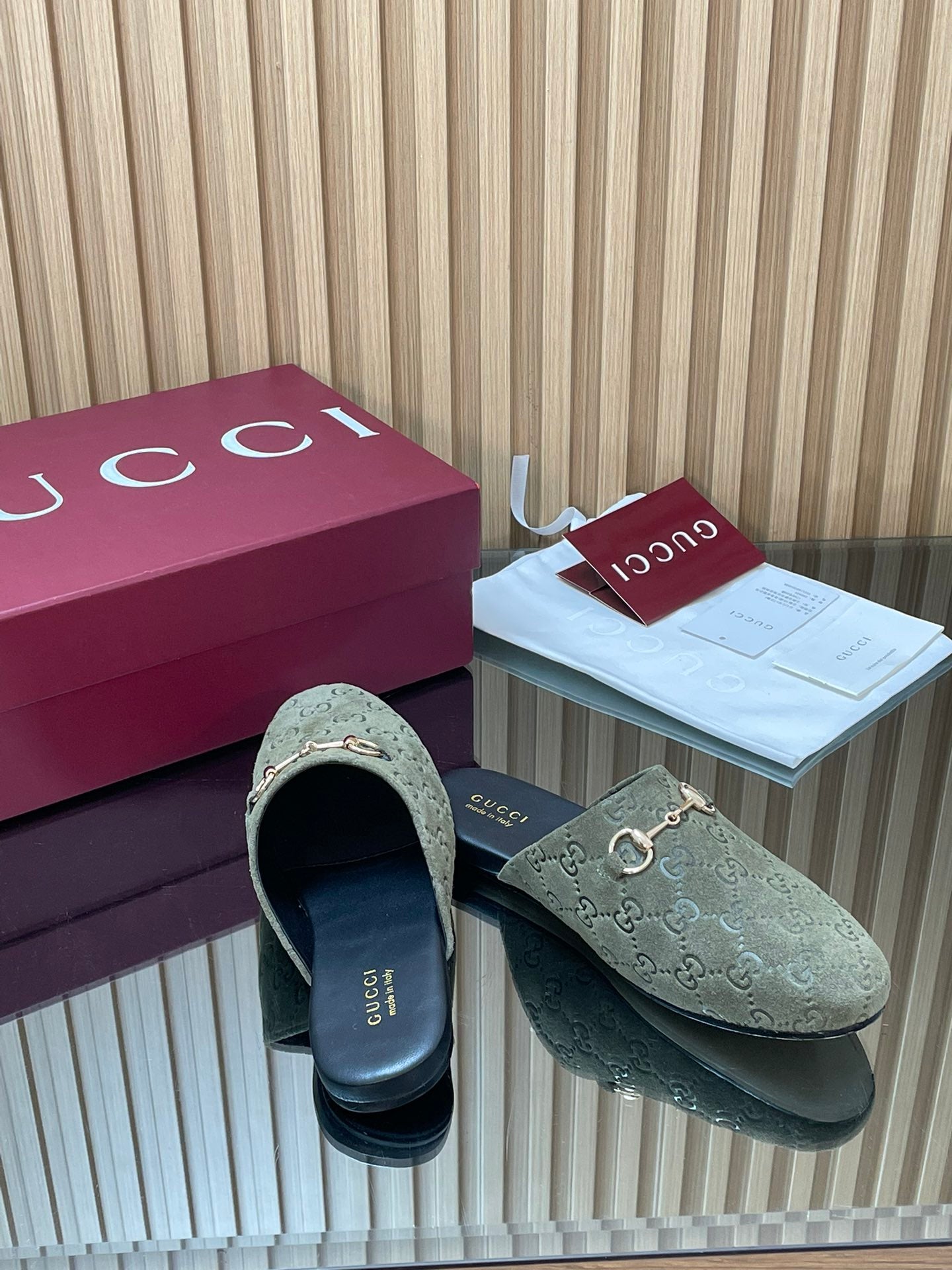 Gucci 25 Horsebit Olive Green Mule GG Suede 563080