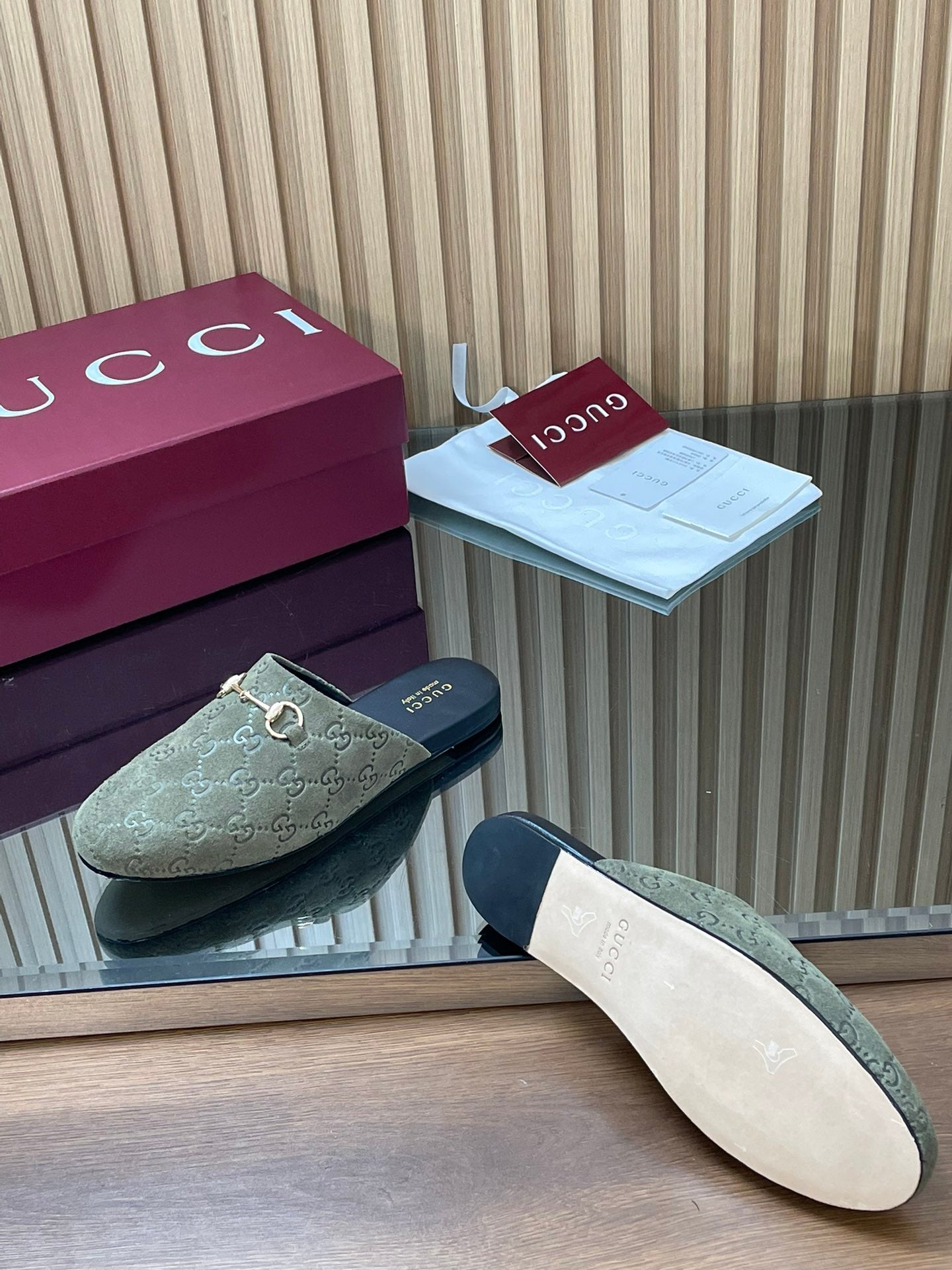 Gucci 25 Horsebit Olive Green Mule GG Suede 563080