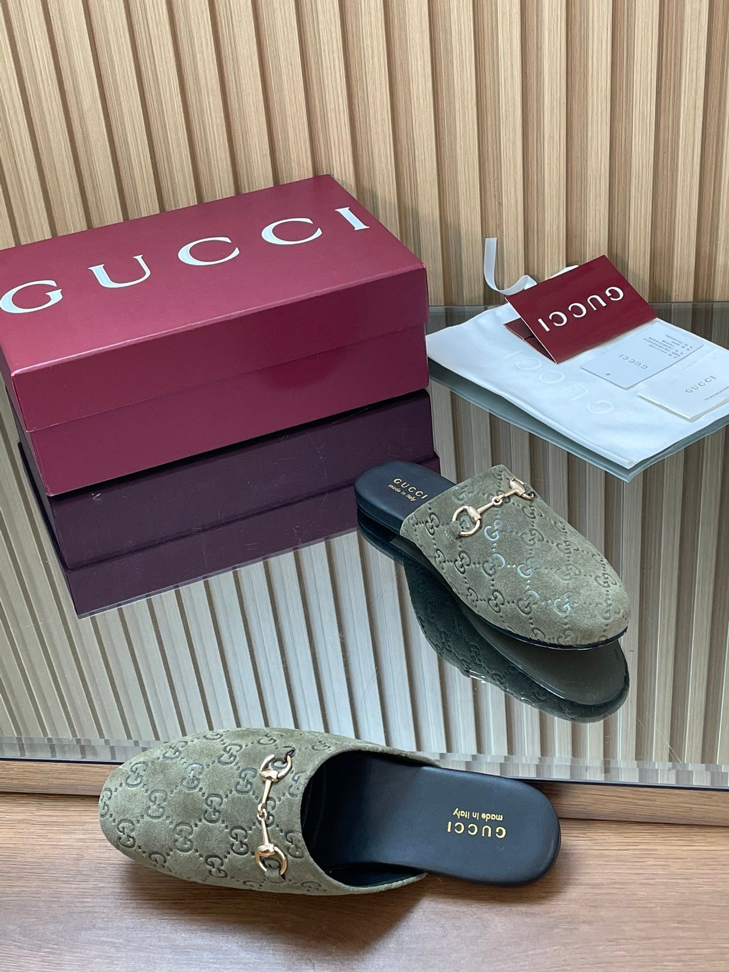 Gucci 25 Horsebit Olive Green Mule GG Suede 563080