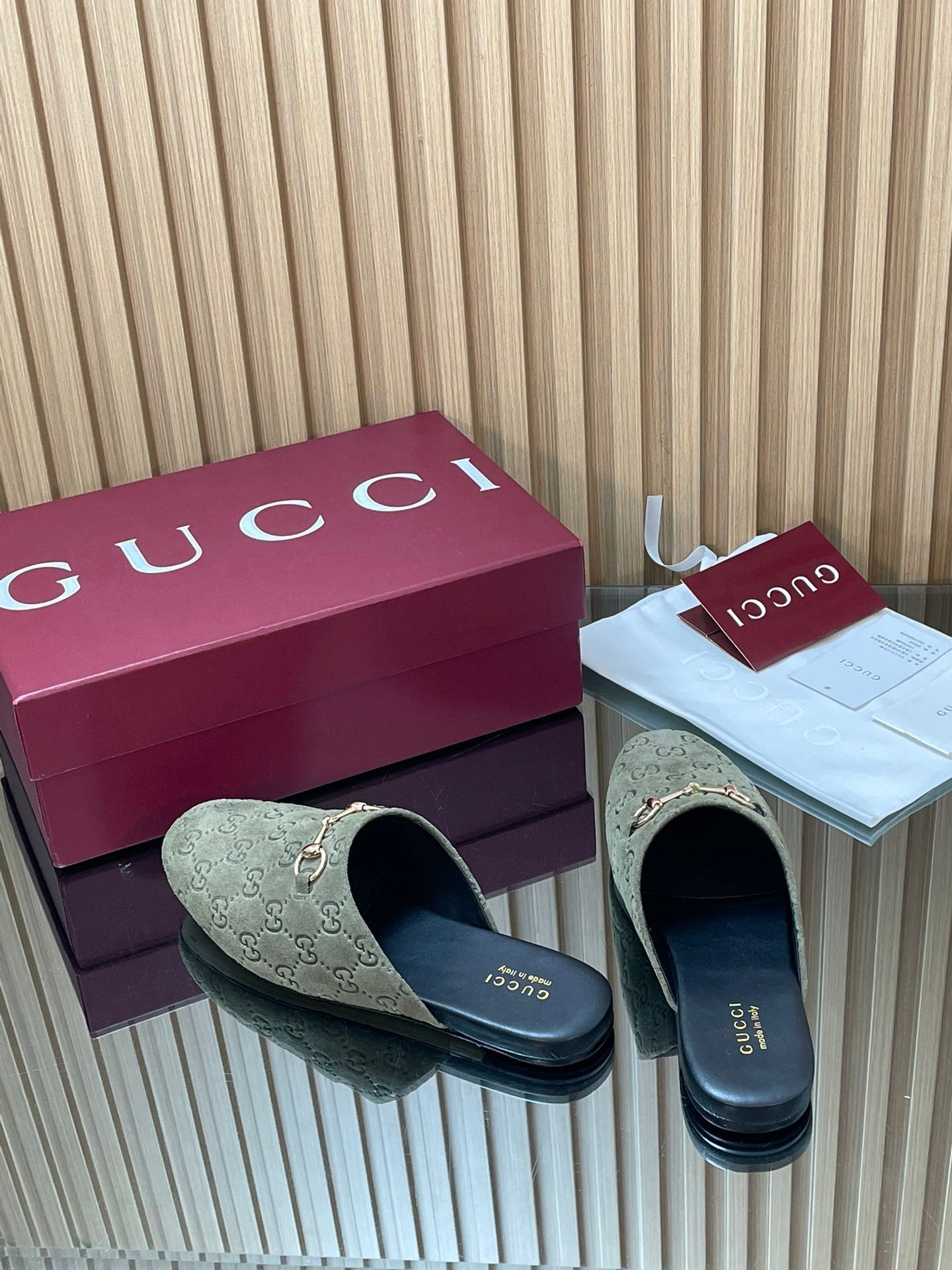 Gucci 25 Horsebit Olive Green Mule GG Suede 563080