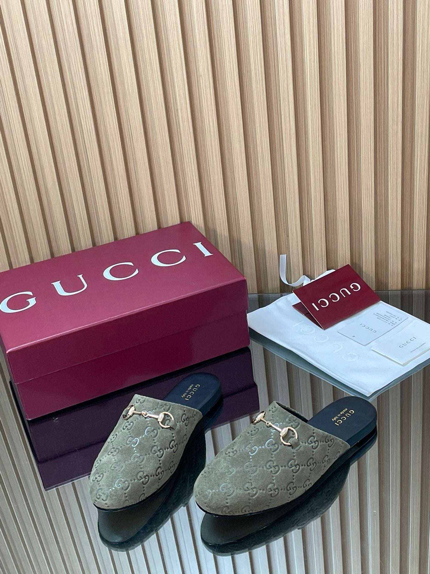 Gucci 25 Horsebit Olive Green Mule GG Suede 563080
