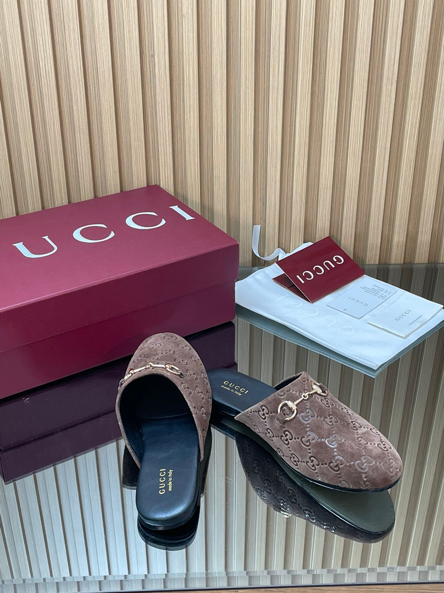 Gucci 25 Horsebit Coffee Brown Mule GG Suede 563081