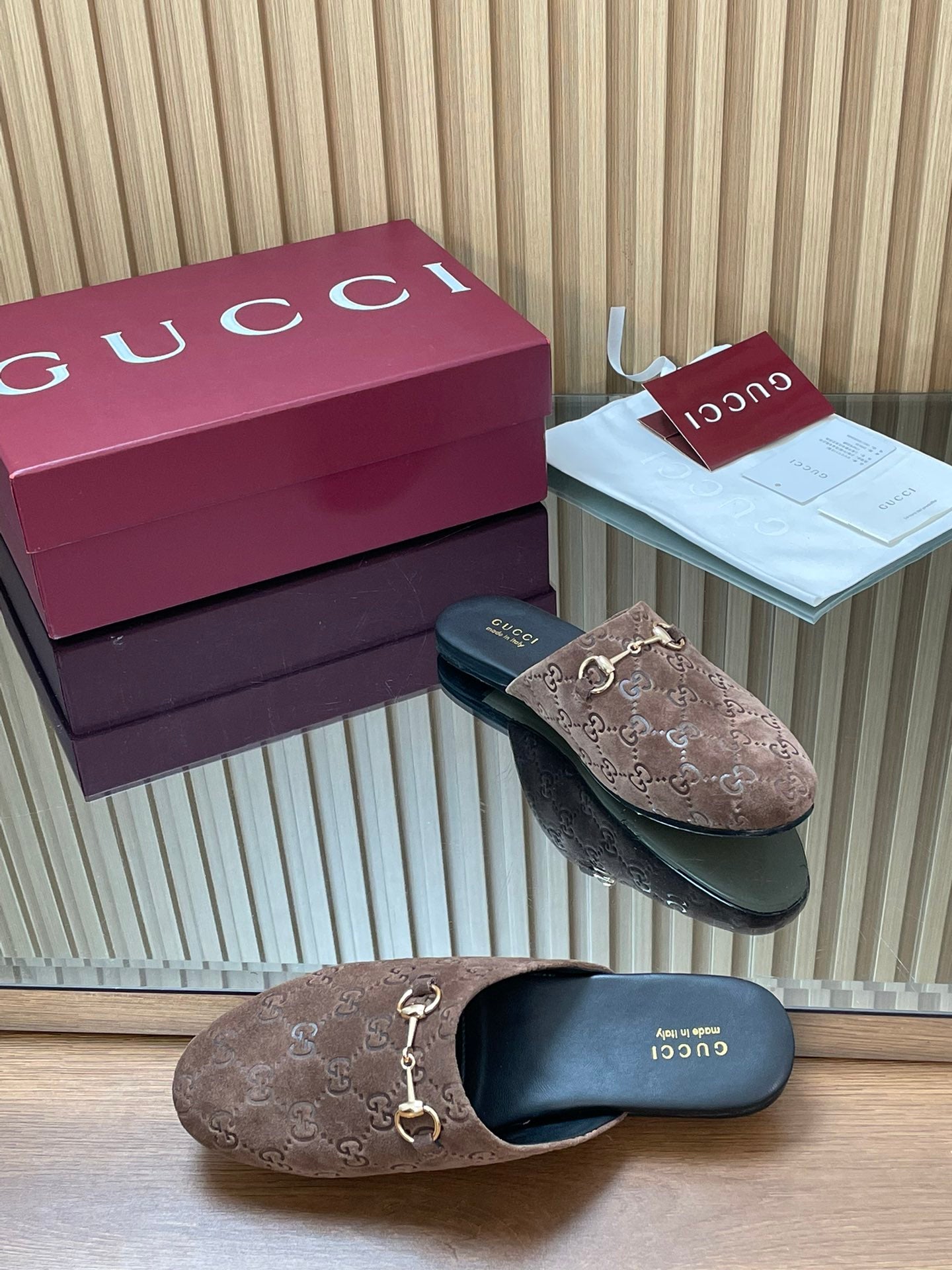 Gucci 25 Horsebit Coffee Brown Mule GG Suede 563081